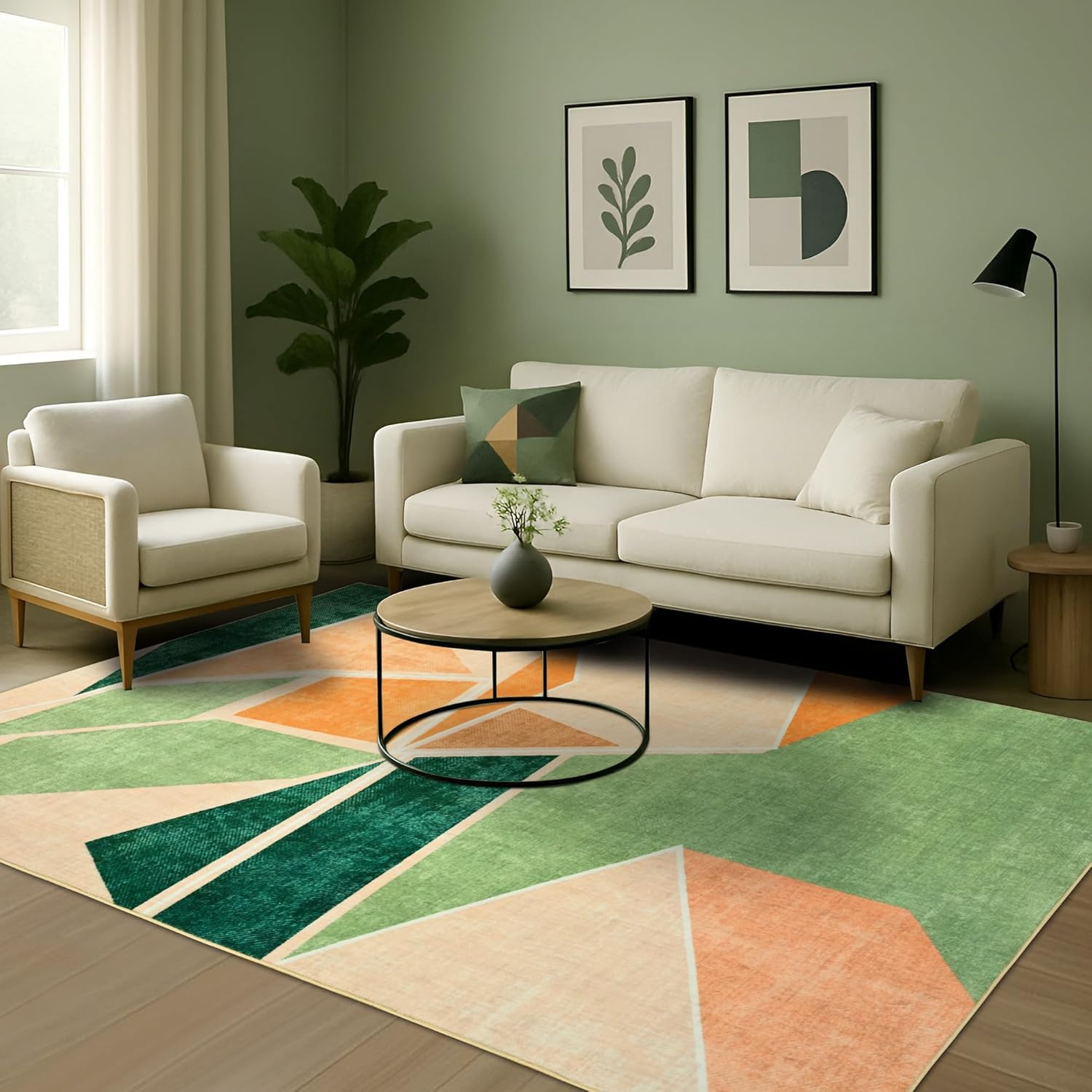 Modern Geometric Area Rug 9x12, Washable Area Rugs for Living Room,Non-Slip -Shedding Contemporary Rugs,Indoor Balcony Carpet for Bedroom Dining Green 9x12 9' x 12' (Rectangular) Green