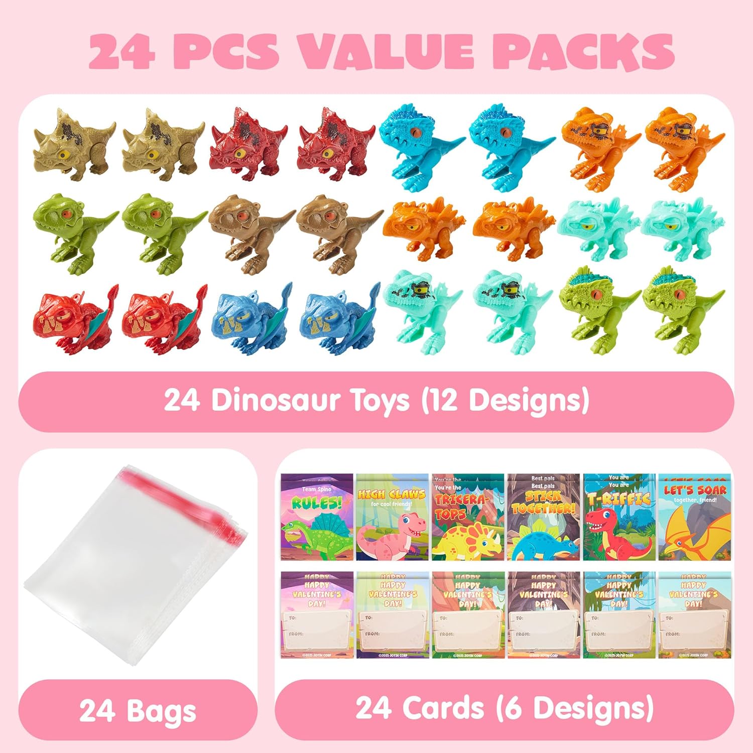 JOYIN 24 Pcs Valentine's Day Cards with Dinosaur Toys, Posable Dinosaur Figures with 12 Designs, Valentines Day Gifts for Boys Kids Classroom Exchange Goodie Bag Stuffers Party Favor Prize