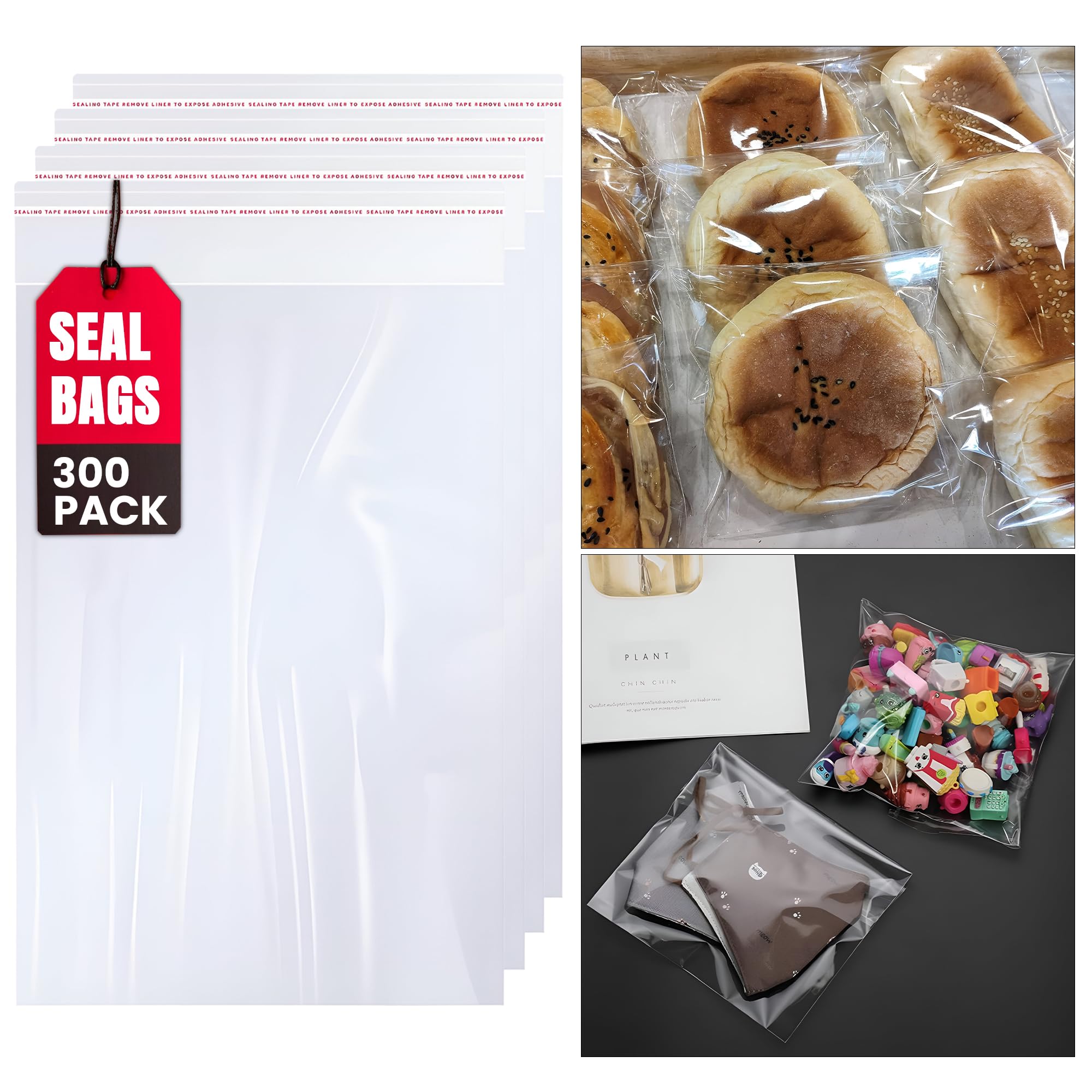 LEDSone Self Adhesive Clear Cellophane Bags 300 Pack (25 x 38 cm / 9.8 x 14.9 Inches) Food Safe Cello Bags for Cookies, Sweets, Gifts, Jewellery & Cards – Peel and Seal Transparent Packaging Bags — image 1