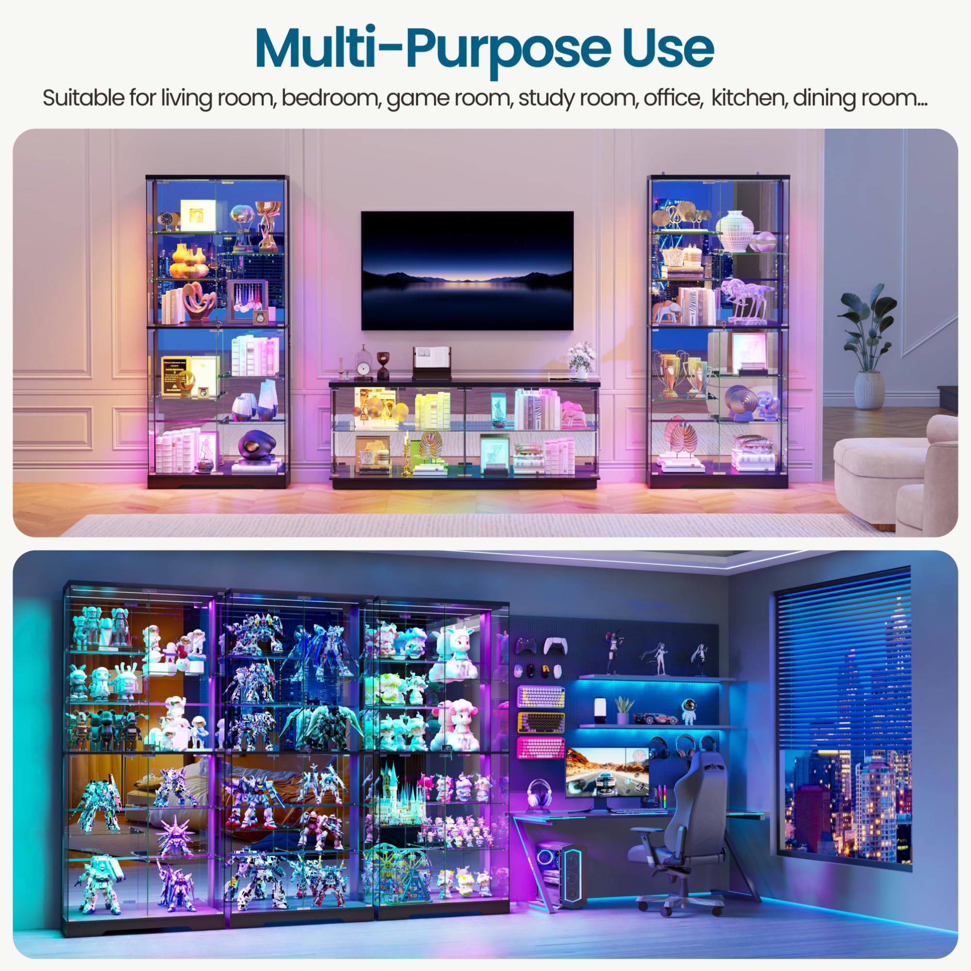Lvifur Glasvitrine mit LED Beleuchtung und Glastüren für Wohnzimmer Schlafzimmer,35×78×180cm 5-Lagen Vitrinenschrank Vitrine mit Intelligente Sensorik für Sammlerstücke,Wein,Black