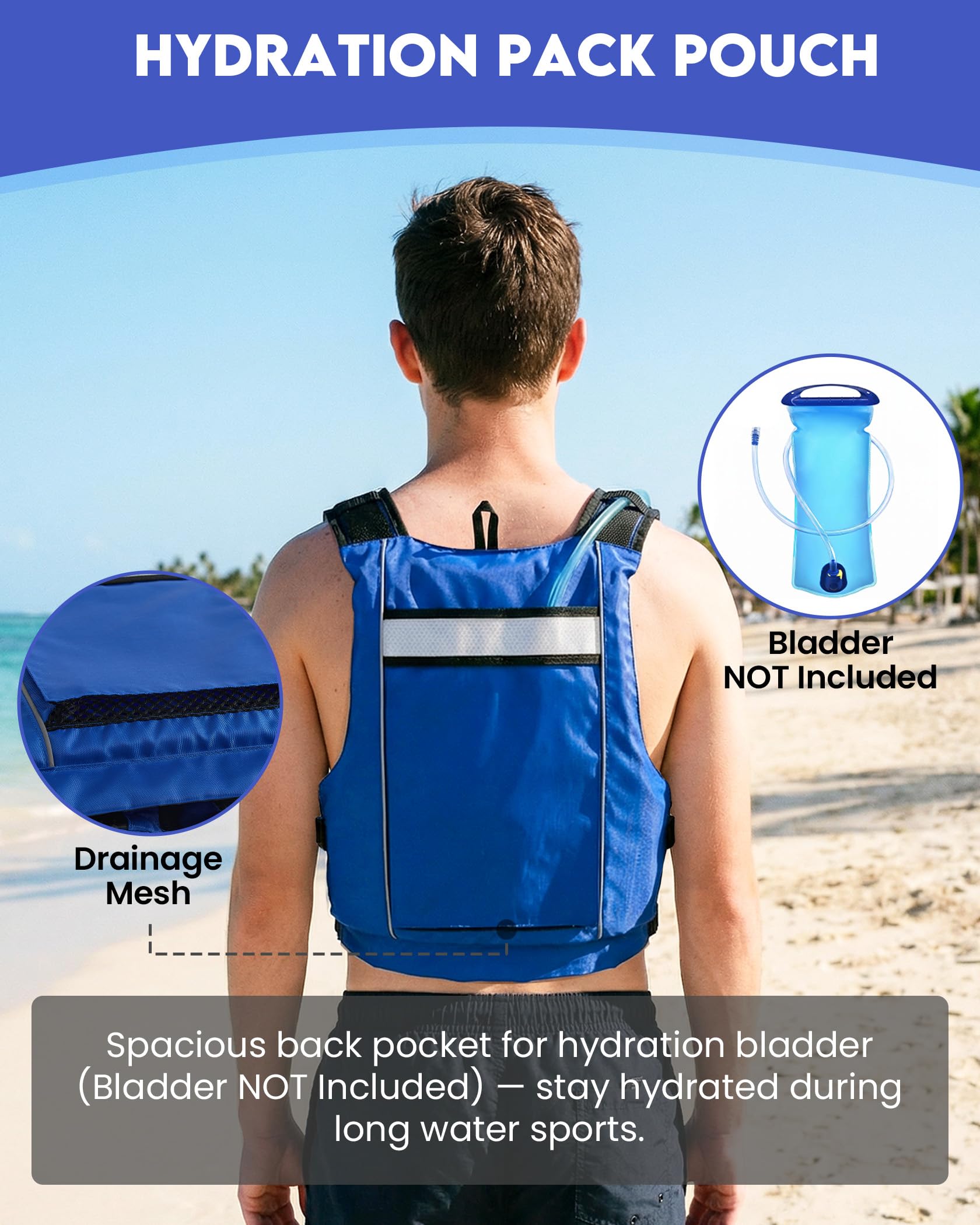 Owntop Schwimmweste Erwachsene mit Trinkrucksack, Zwei Reißverschlusstaschen| Verstellbare Auftriebsweste| Leichte Schwimmjacke Unisex für SUP, Kajakfahren, Angeln Alle Wassersportarten