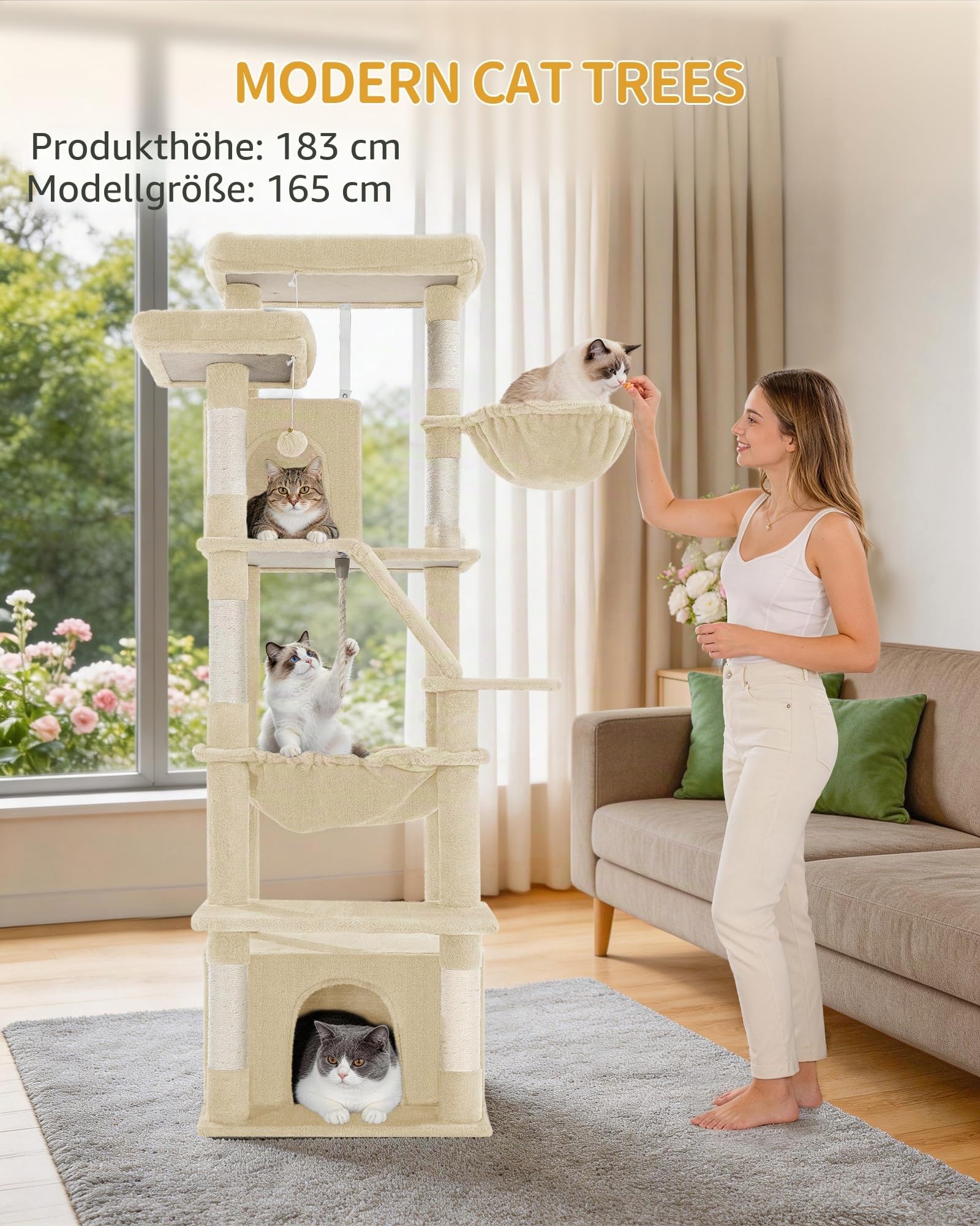 Hzuaneri Kratzbaum Groß, 183 cm Hoch, XL Katzenbaum, 2 Plattformen, 2 Höhlen, 6 Kratzstämme, Kratzbrett, Katzenkorb, Hängematte, Geeignet für Alle Katzenrassen, Maine Coon, Beige MS18318YL