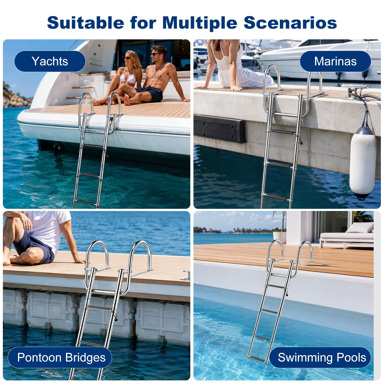 Scaletta per Piscina con 4 Gradini in Acciaio Inox, Scaletta da Barca Pieghevole e Telescopica con Corrimano e Gradini Antiscivolo, per Yacht, Pontone, Molo e Dock, Portata fino a 227kg（S）