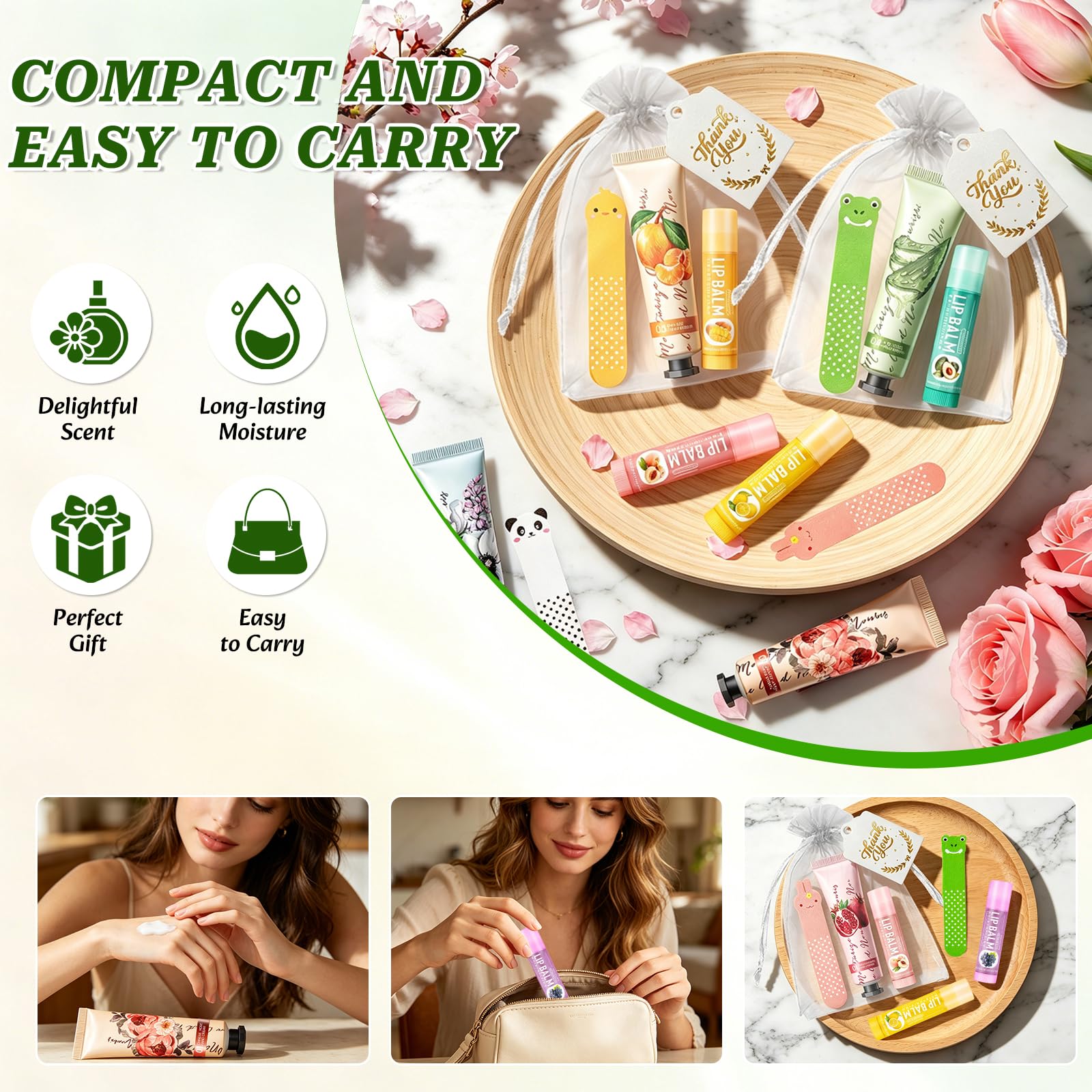 100Pcs Mini Crèmes pour les Mains, Coffret Crème de Mains pour Femme, Coffret Cadeaux Incluant Crèmes pour les Mains, Baumes à Lèvres, Mini-Limes à Ongles, Sachets en Organza & Cartes de Remerciement