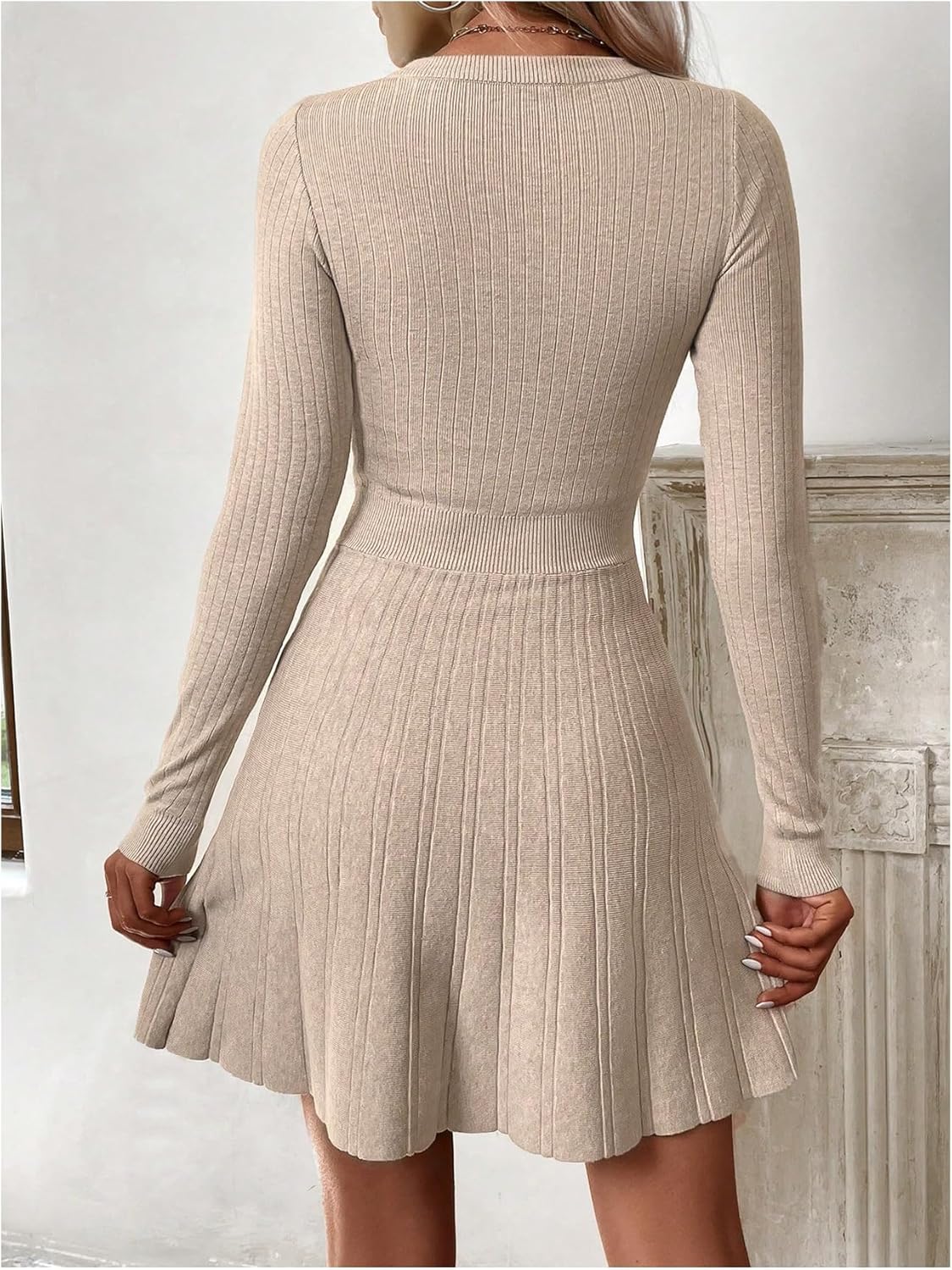 MakeMeChic Women's Sweater Dress Ribbed Knit Aline Flare Short Dresses Without Belt - Image 2