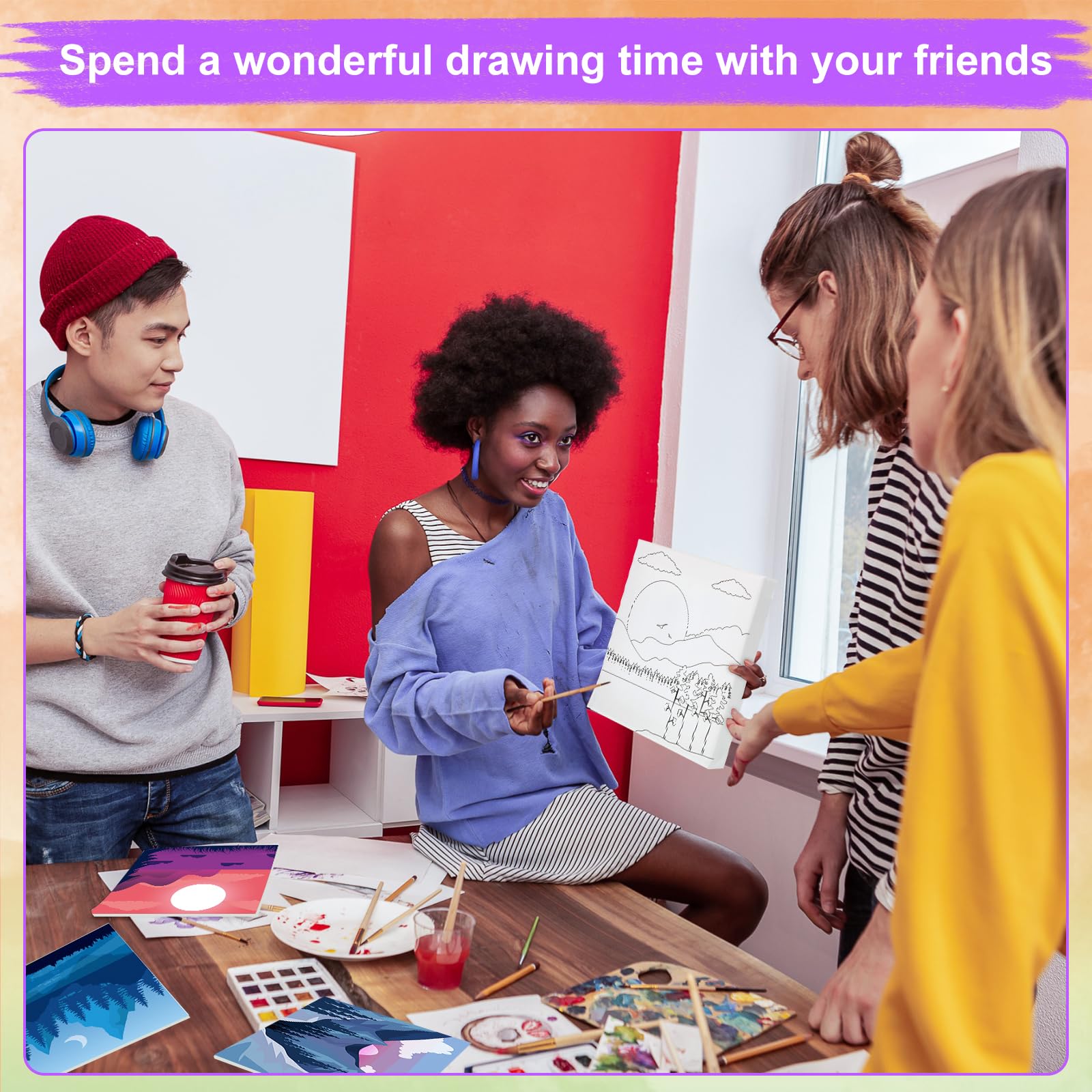 Teling 12 Pcs Pre Drawn Stretched Canvas Kit for Adults Painting Pre Printed Canvas Outline for DIY Painting Party Favor,6 x 6 x 0.6 Inches(Mountain)