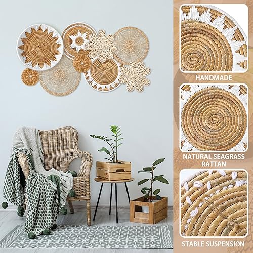 Miniatura 10 de Xuhal Juego de 8 cestas de pared tejidas colgantes hechas a mano, decorativas, rústicas, bohemias, decoración de pared hecha a mano de mimbre