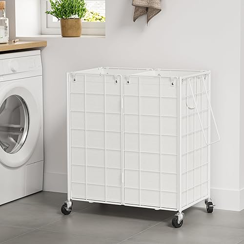Miniatura 10 de WOWLIVE Cesta de lavandería doble con ruedas, marco de alambre de metal, cesta de lavandería con 2 bolsas extraíbles, cesta de ropa sucia de 120 L,