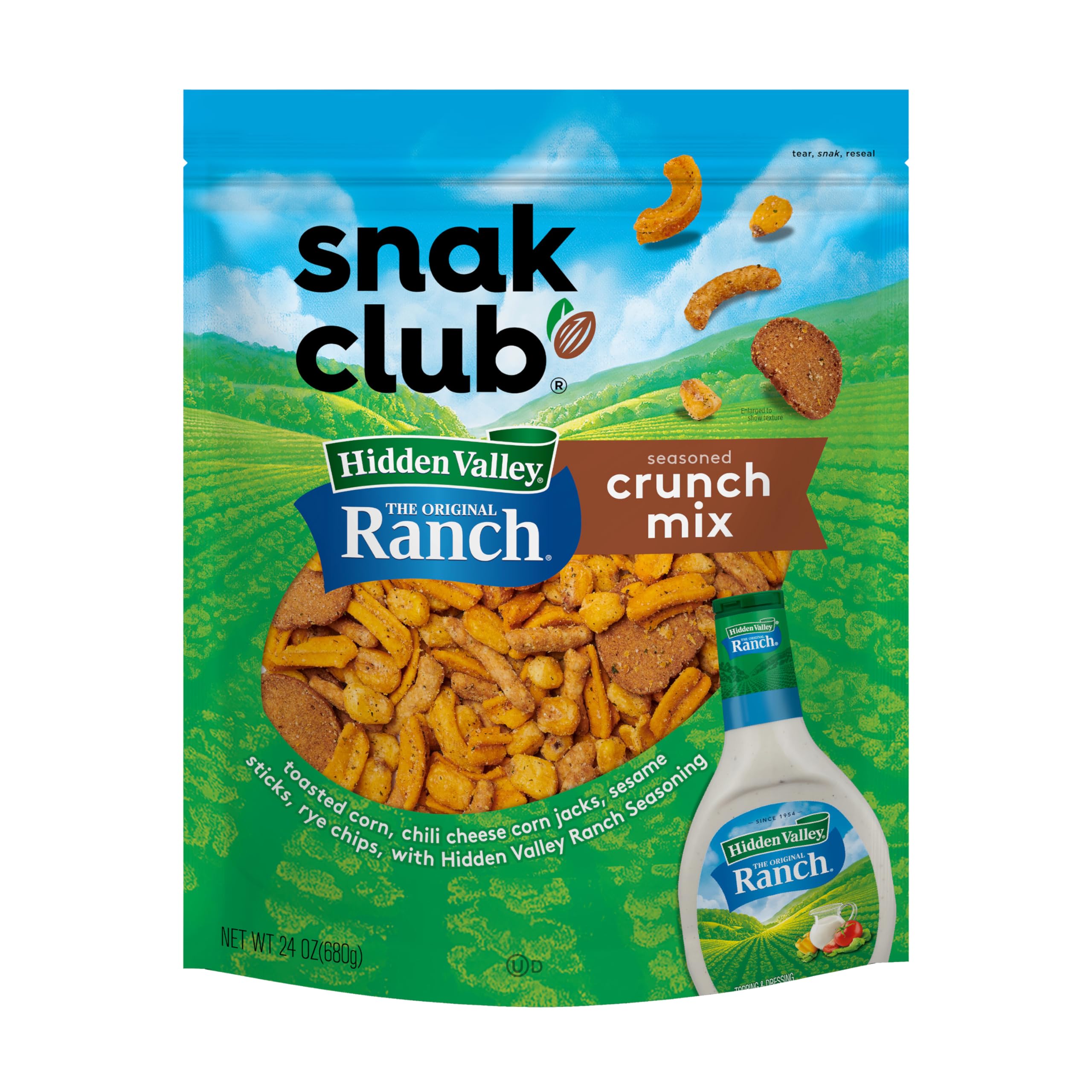 Snak ClubCrunch Mix with Hidden Valley Ranch Seasoning, Toasted Corn, Chili Cheese Corn Jacks, Sesame Sticks, and Rye Chips, Kosher Snack, 24 oz Resealable Bag