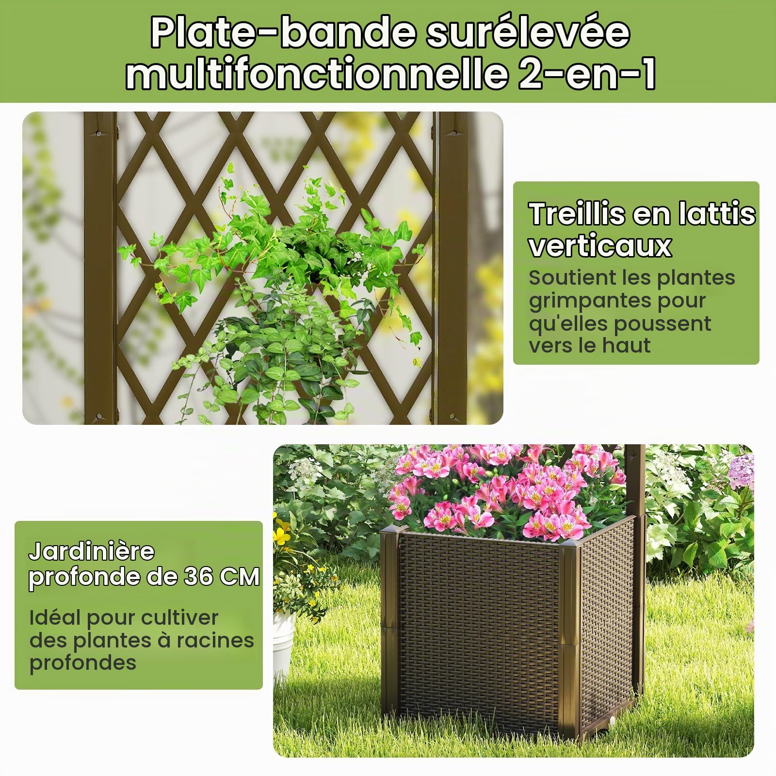 HOMASIS Lit de Jardin Surélevé en Bois avec Treillis, Jardinière d’Extérieur avec Disque Auto-Arrosant, Trous de Drainage, Bac à Fleurs pour Plantes Grimpantes, Légumes (Brun, 40x40x140cm)