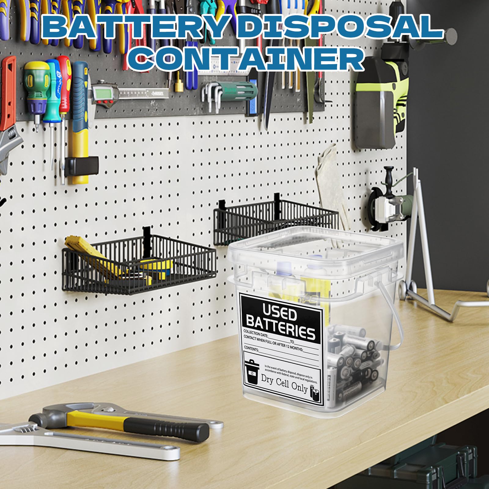 Batterie-Entsorgungsbehälter, 3 Liter, Trockenzellen-Aufbewahrung mit Etikett, Batterie-Recycling-Behälter für sichere Aufbewahrung und Haushalt und Büro (transparent, quadratisch)