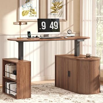 HSH Standing L Shaped Office Desk with Storage, 60" Electric Standing Computer Desks with Open Shelf, Home Office Executive Desk Height Adjustable Power Outlet, Stand Up Desk for Home Office, Walnut
