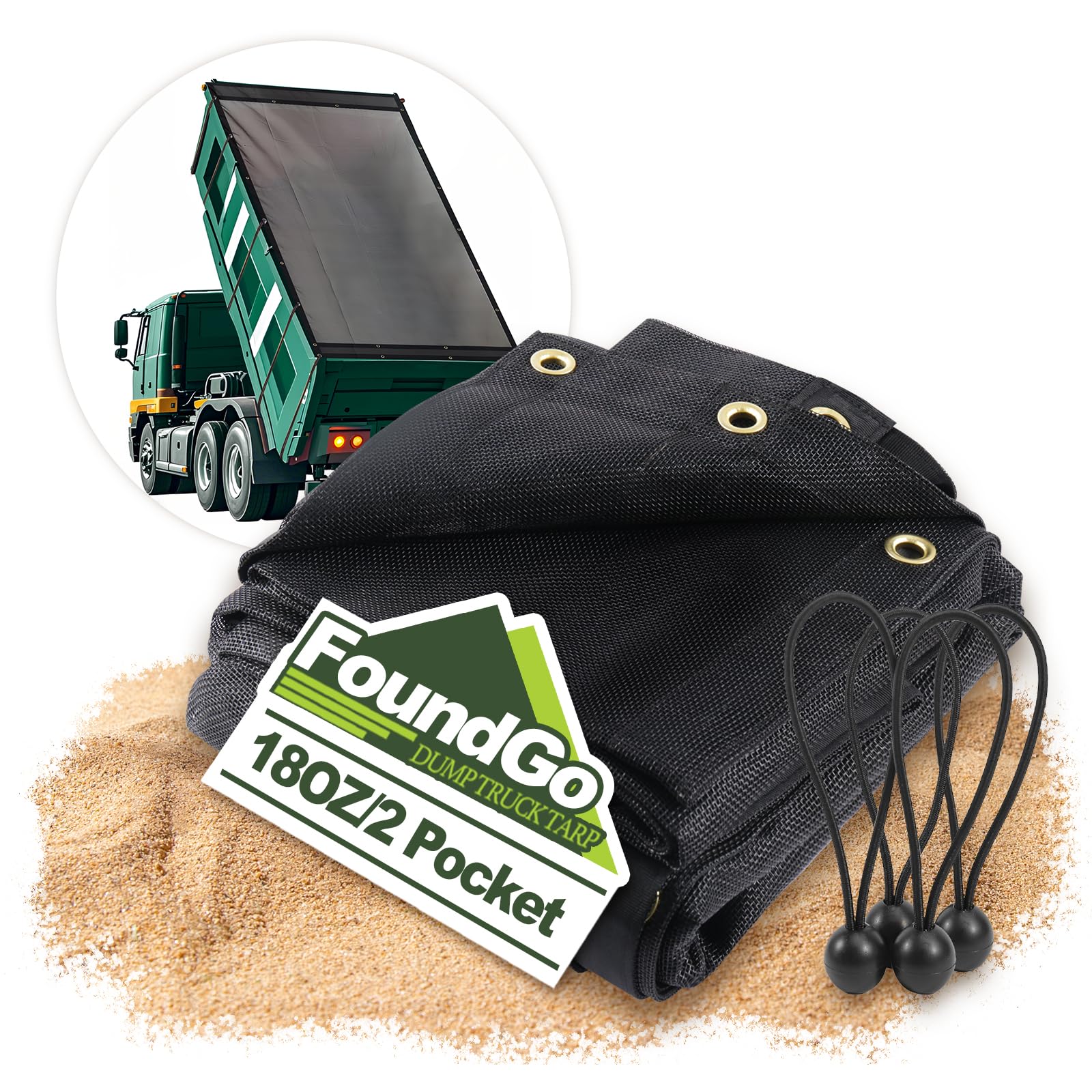 FoundGo 6' x 14' Dump Trailer Tarp [18oz] Heavy Duty Dump Truck Mesh Tarp with Grommets Vinyl Coated Waterproof Truck Cover with Double Pocket incl. 4X Elastic Rope