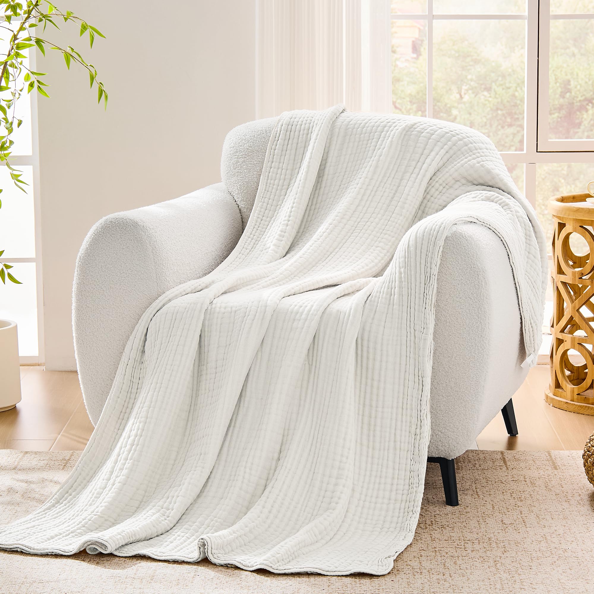 VANJOROY 9-Layer Muslin Throw Blanket King 90" x 108" White, 100% Cotton Organic Breathable Lightweight Large Throw for Couch Bed Quilt and Bedspread - All Season Muslin Soft Gauze Blanket