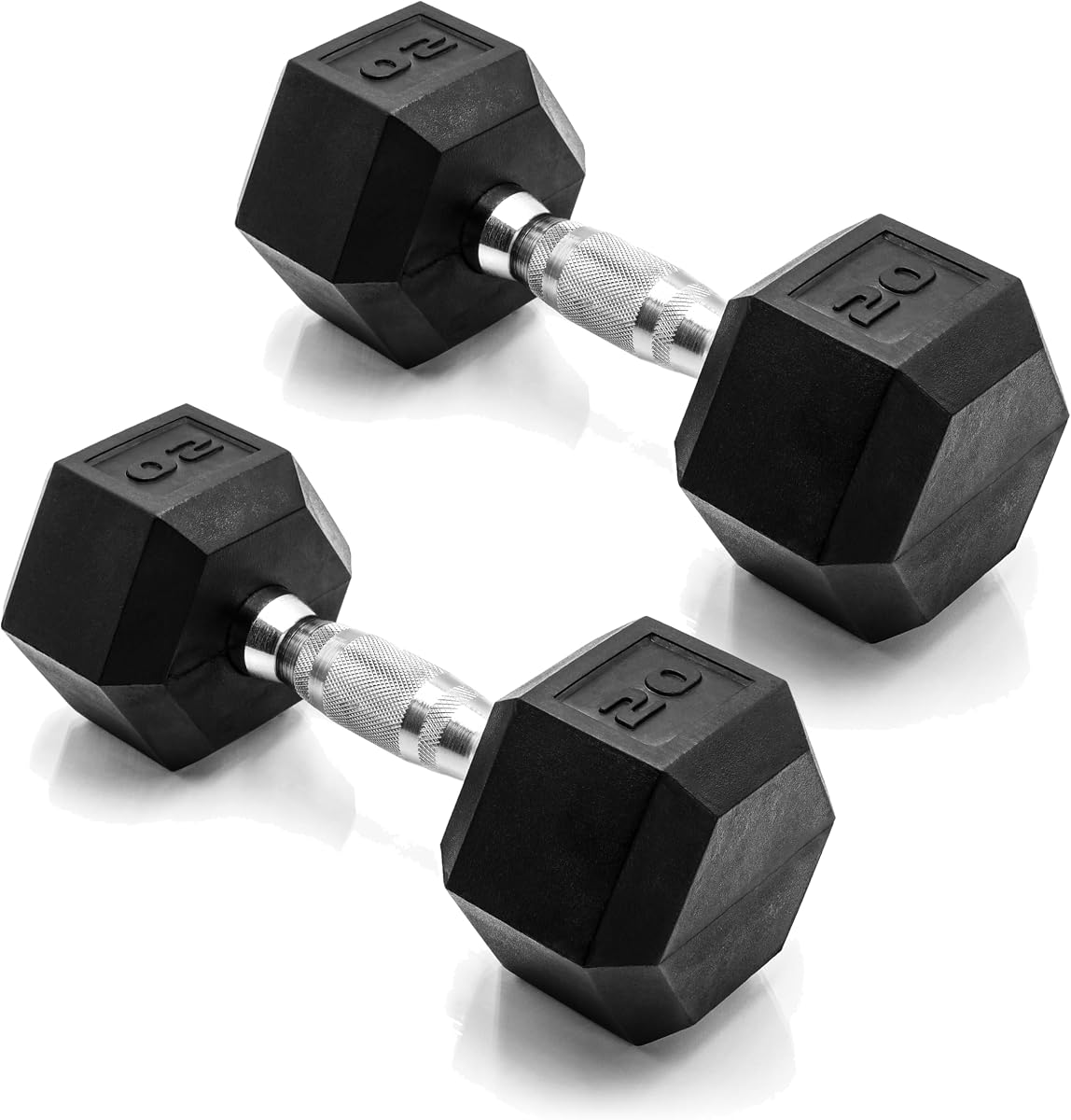 Rubber Coated Dumbbell Weights, Free Weights for Home Gym Strength Training, Anti-Roll Hex Dumbbells with Black, Chrome & Comfort Grip Handles, Pairs & Sets