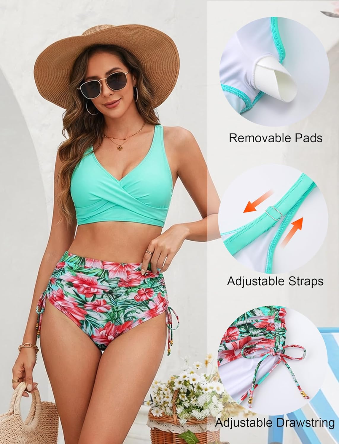 Arolina Womens High Waisted Bikini Sets V Neck Twist Front Two Piece Swimsuit Adjustable Tie Side Bathing Suit(S-24W) - Image 5