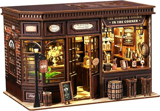 Wooden DIY Dollhouse Kit Miniature 3D Book Stand Holiday Gift Architectural Scenario Openable Design Japanese Style Adult Gift Recommended Age 14+ Corner Tabern