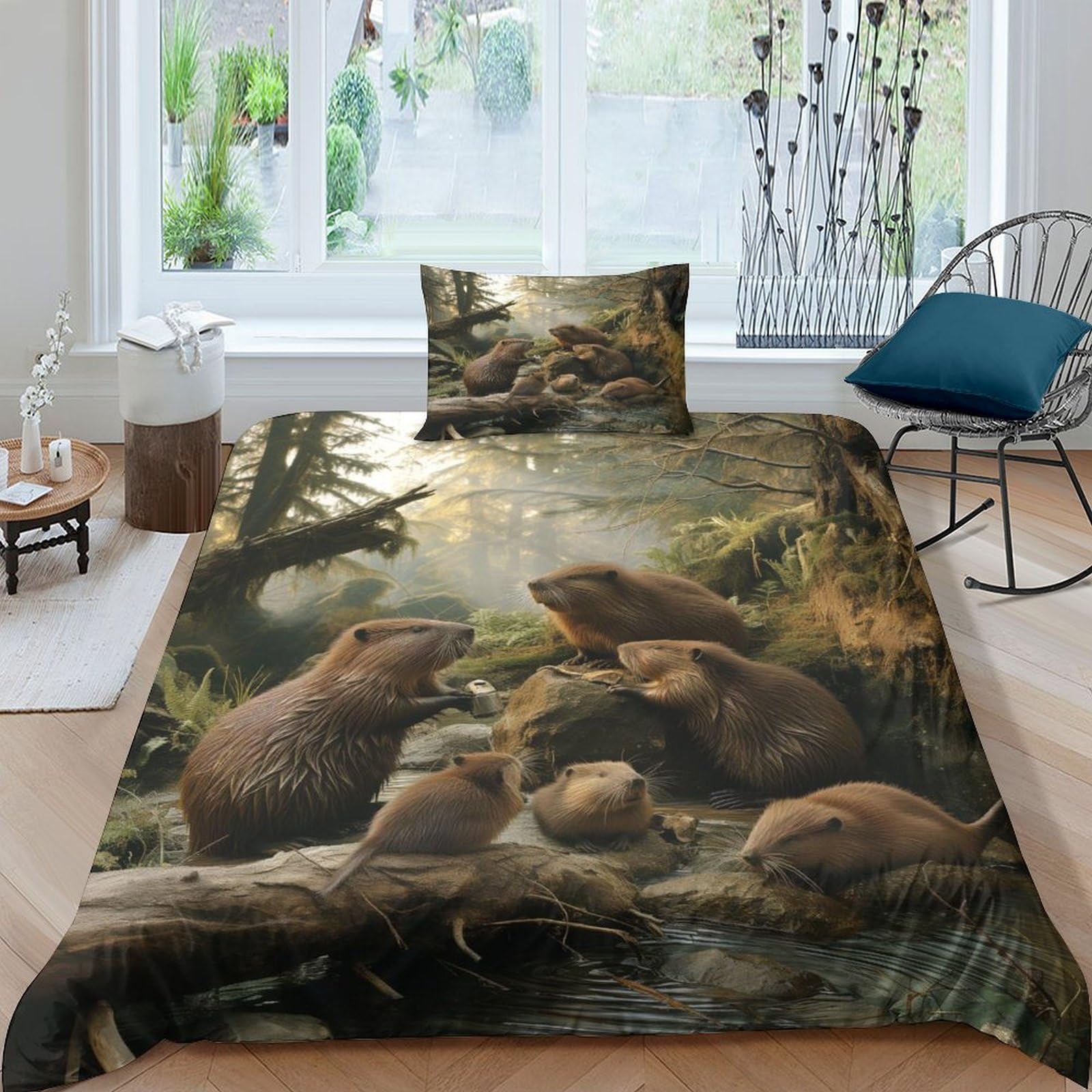 Housse de couette 135x200 Marmot avec taies d'oreiller, parure de lit simple et lisse