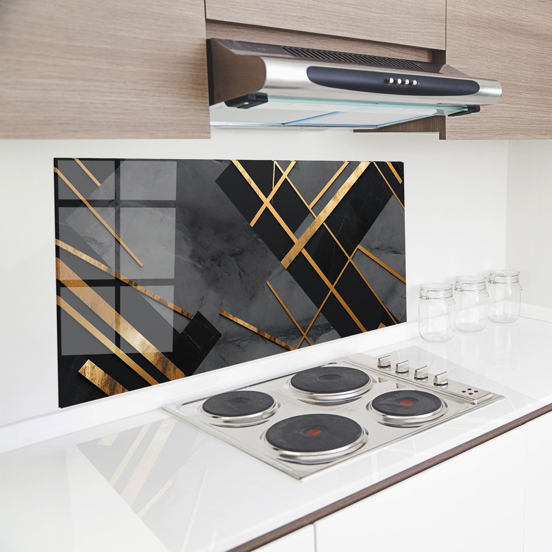 ARTHUB® Crédence de Cuisine en Verre 60x120 cm, Grey Painting with Gold Lines | Protection Contre Les éclaboussures, Revêtement Mural en Carreaux, Plaque en Verre, Verre trempé, Abstrait