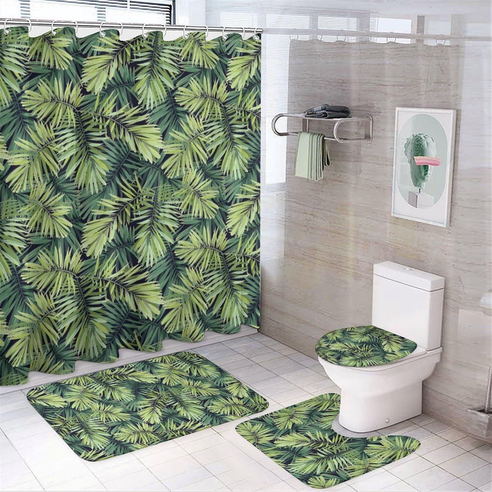JZemdybill Bathroom Mat Set 4 Piece, Tropical Plant Leaves Shower Curtain with Non-Slip Bath Mats for Bathroom