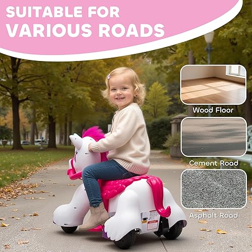 Miniatura 6 de Qaba Caballo de unicornio de 12 V, juguete eléctrico interactivo para niños con zanahoria, peine, sonidos de animales, luz, regalo para niñas y