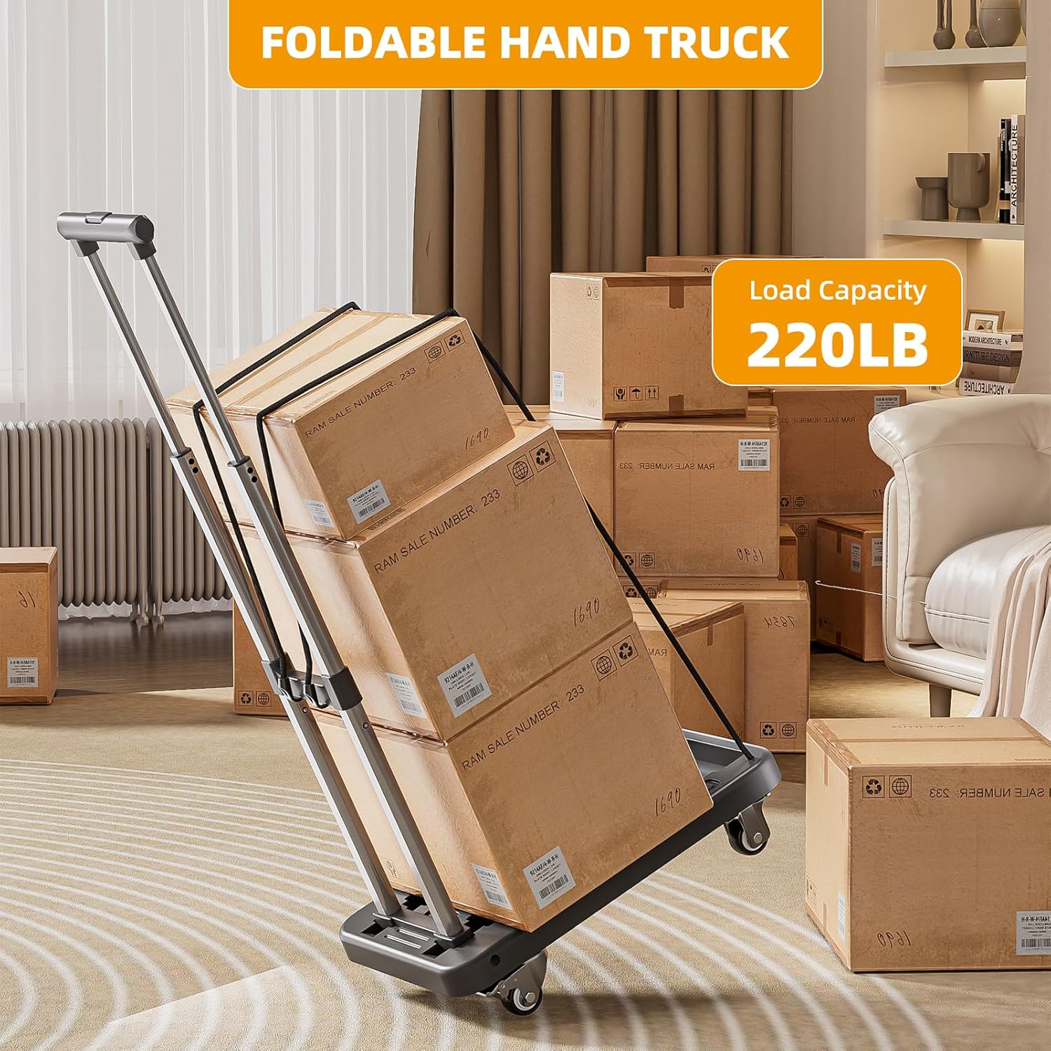 Folding Hand Truck, Heavy Duty Dolly Cart with 4 Wheels,No Assembly Required, Luggage Cart with Bungee Cords, Moving Cart Trolley Cart, Utility Cart with Adjustable Handle for Travel, Moving, Office