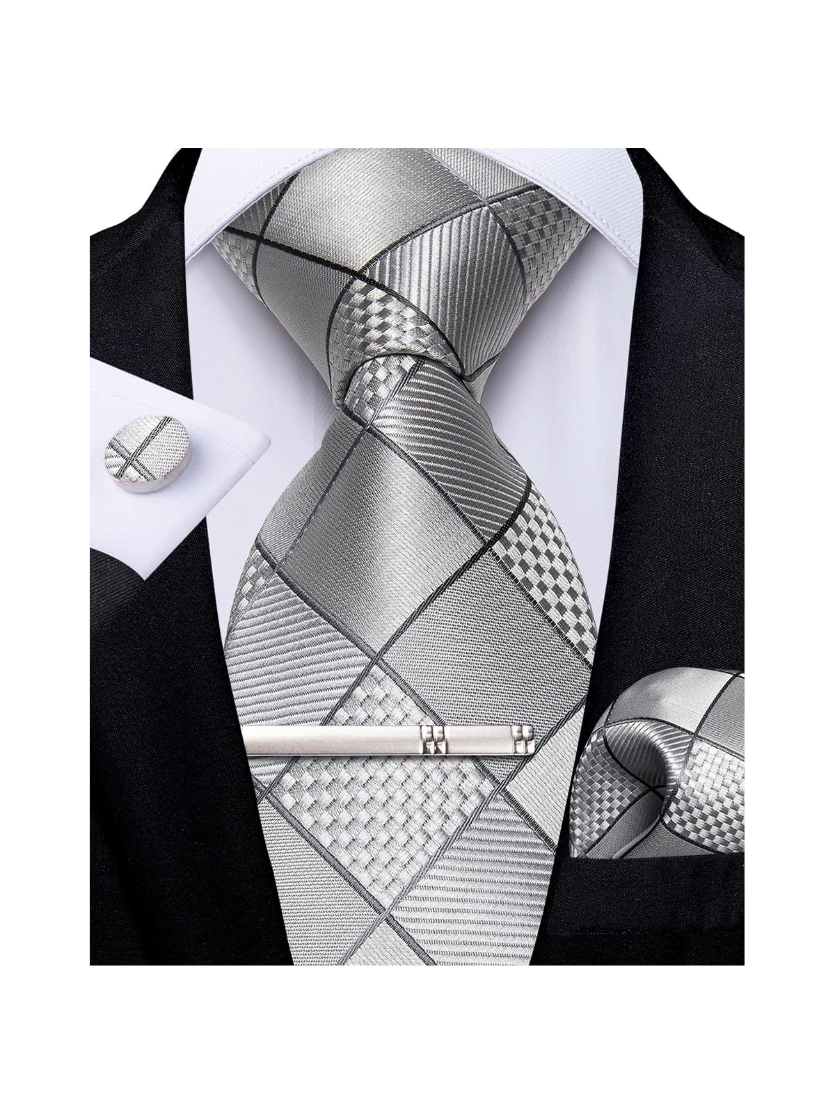 Plaid Ties for Men Silk Checkered Necktie and Pocket Square Cufflinks Tie Clip Set with Gift Box for Wedding Business