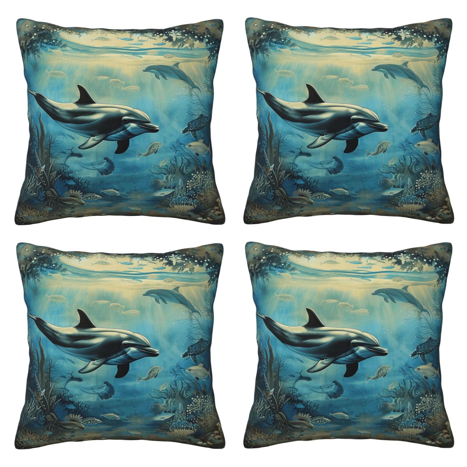 Sea Dolphin Throw Pillow Cases 4 Pack Square Pillowcases Super Soft Pillow Protectors With Zipper for Couch Livingroom Sofa Bed Office Car,50x50 CM