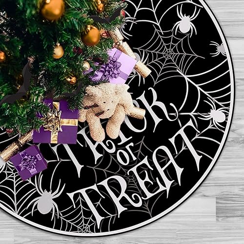 Miniatura 4 de Falda de árbol de Navidad de tela de araña de Halloween, 48 pulgadas, con cordones, para truco o trato, falda de árbol negro, divertida fiesta de