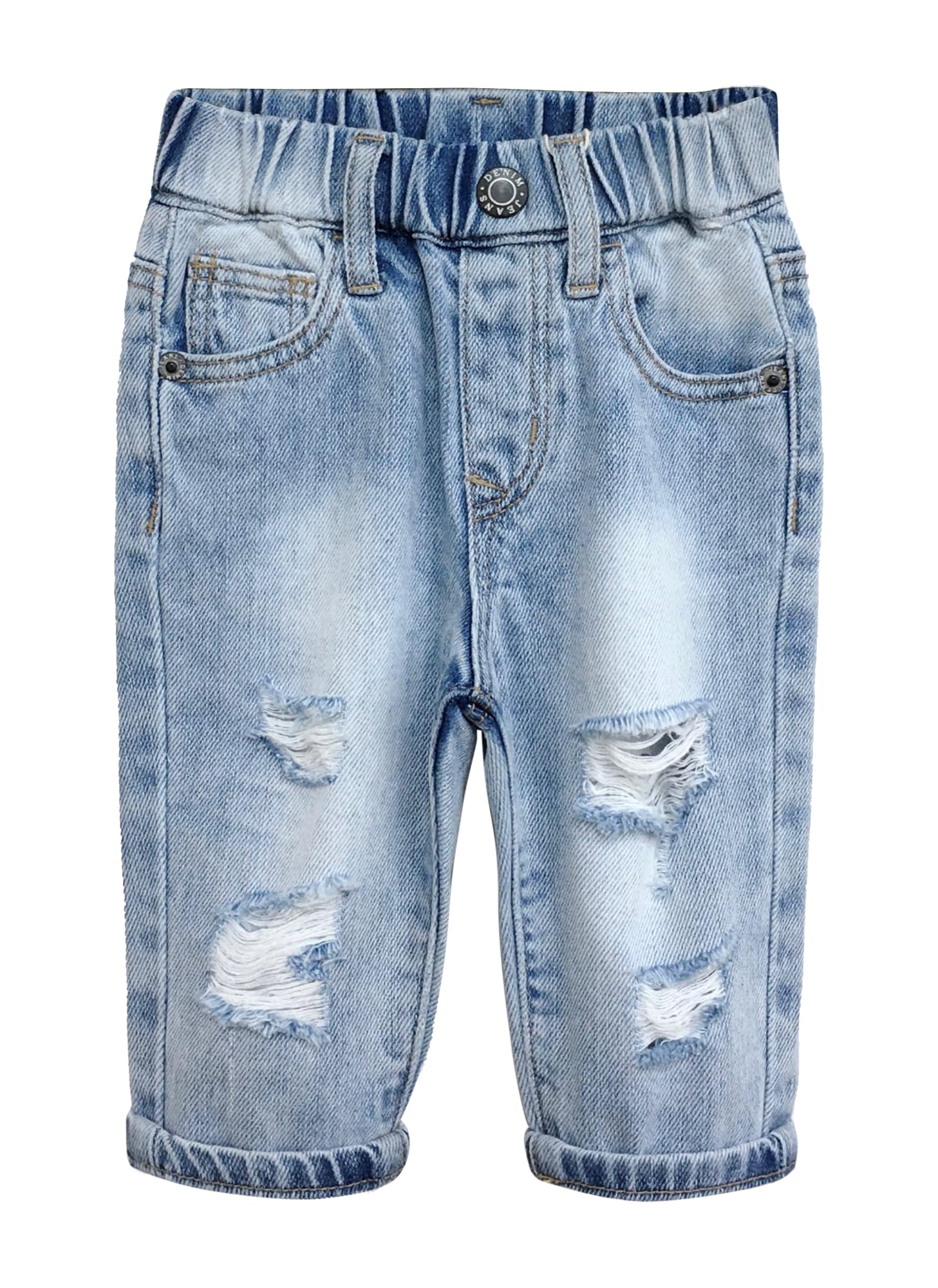 KIDSCOOL SPACE Jean pour bébé, Pantalon en Denim déchiré à Taille élastique avec Anneau en D
