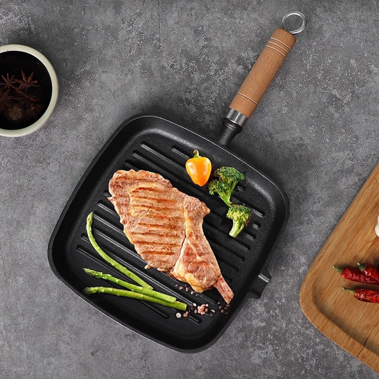 Kwadratowa żeliwna patelnia grillowa z wylewkami i drewnianym uchwytem do gotowania steków, warzyw, idealne naczynia do grillowania, 22 cm