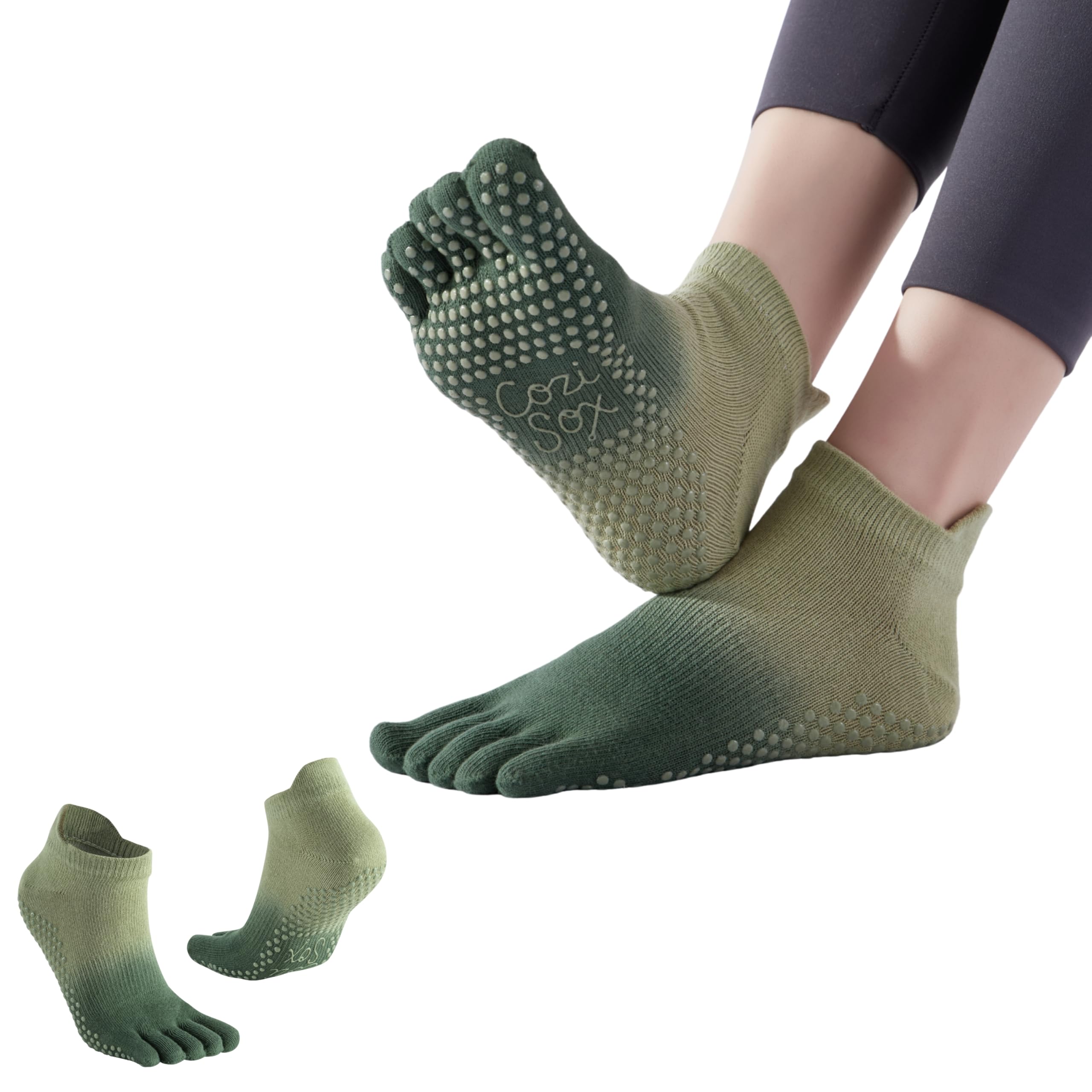 CoziSox 2 Paia Calzini Yoga Antiscivolo con 5 Dita, Calze Pilates Donna con Supporto dell'Arco Plantare, Suola in Silicone per Fitness Danza Barre, in Cotone, Sfumato
