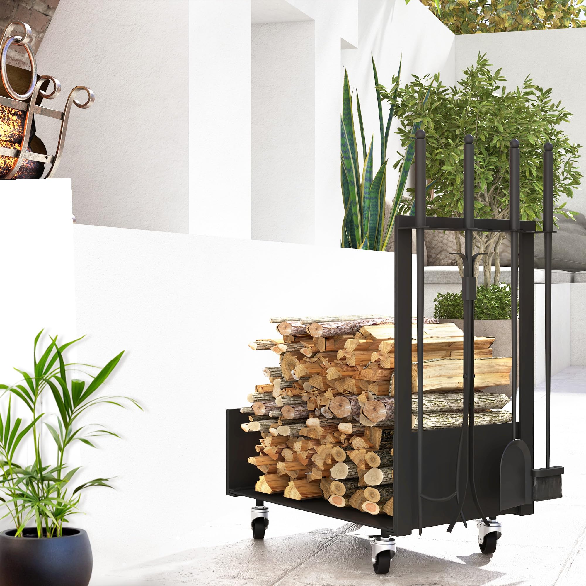 Outsunny Soporte para Leña con Ruedas Estante de Leña Metálico Leñero de Exterior con Pala Escoba Atizador y Tenazas 48x30x76 cm Negro
