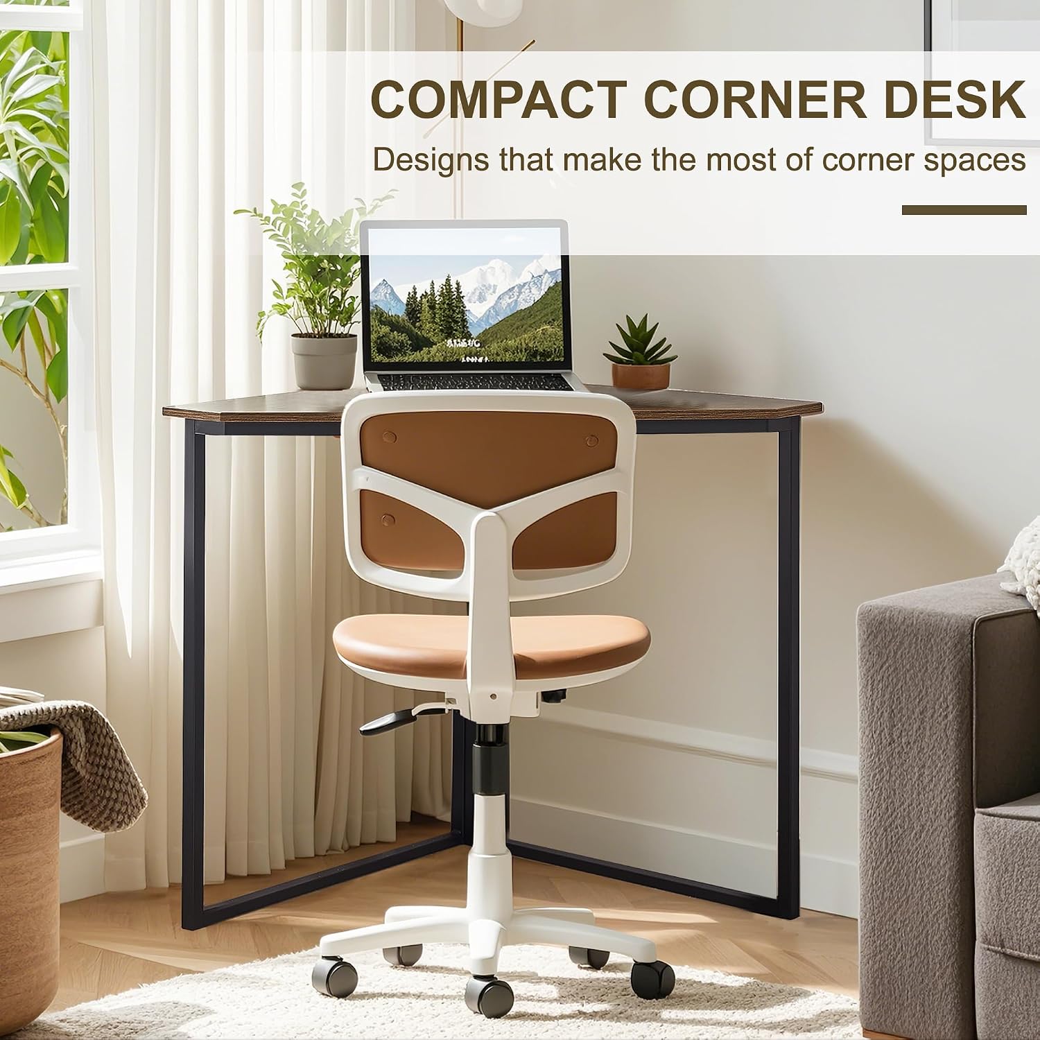 VECELO Corner Desk,Office Tables for Living Room for Small Space Triangle Computer Desk with Steel Frame Corner Shelves with Metal Frame Writing Desk for Workstation Classic Brown 33.1"