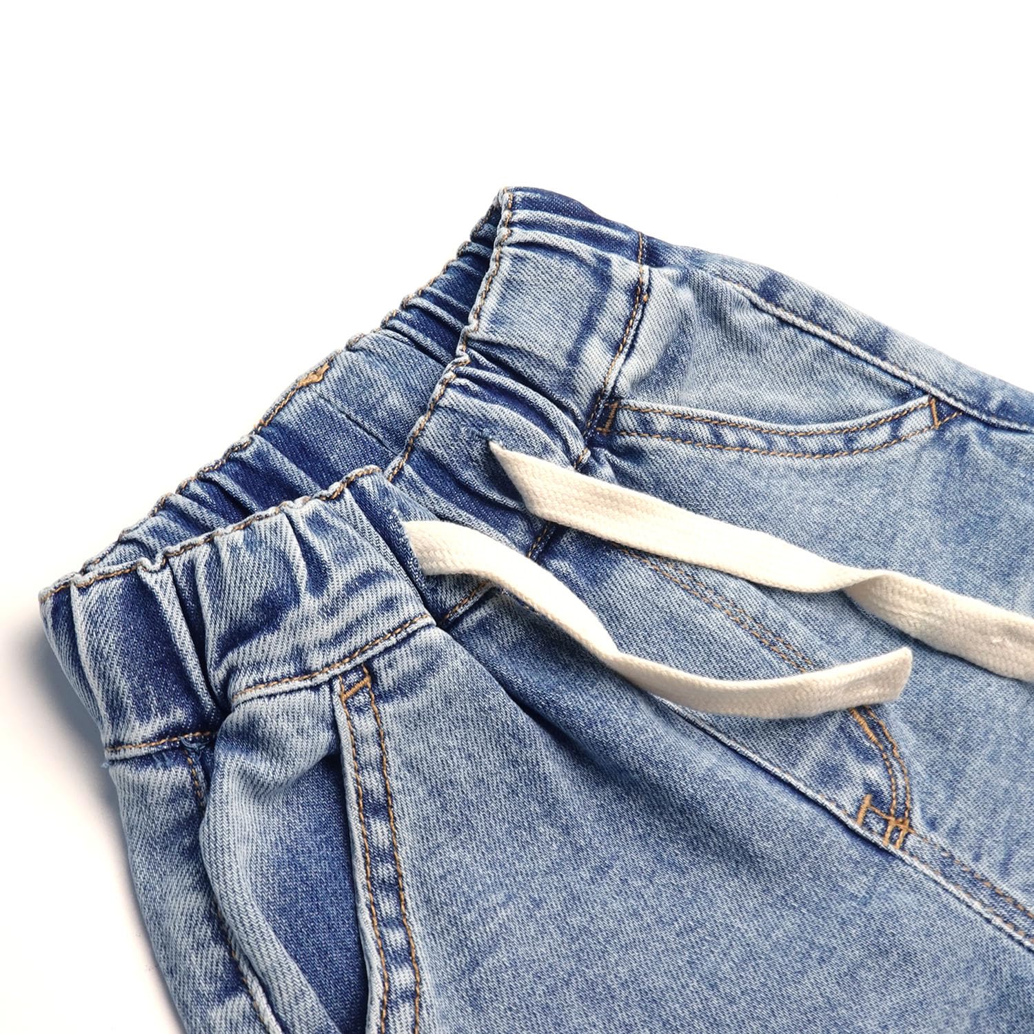 KIDSCOOL SPACE Pantalones cortos de mezclilla para niños, cintura elástica acanalada con cuerda, jeans de verano medio cargo