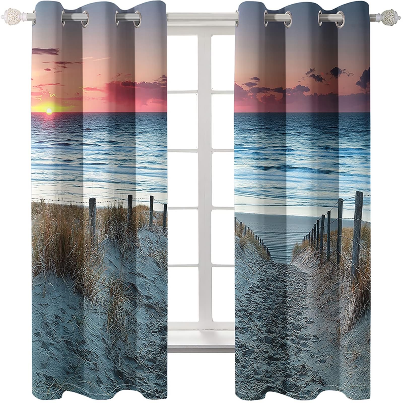Vorhänge Verdunklung 115 cm Lang, Verdunkelung Gardinen mit Ösen 2er Set Grau Orange Sonnenuntergang Meer und Strand Weg Landschaft Vorhang für Schlafzimmer Wohnzimmer, 86x115 cm(BxH)