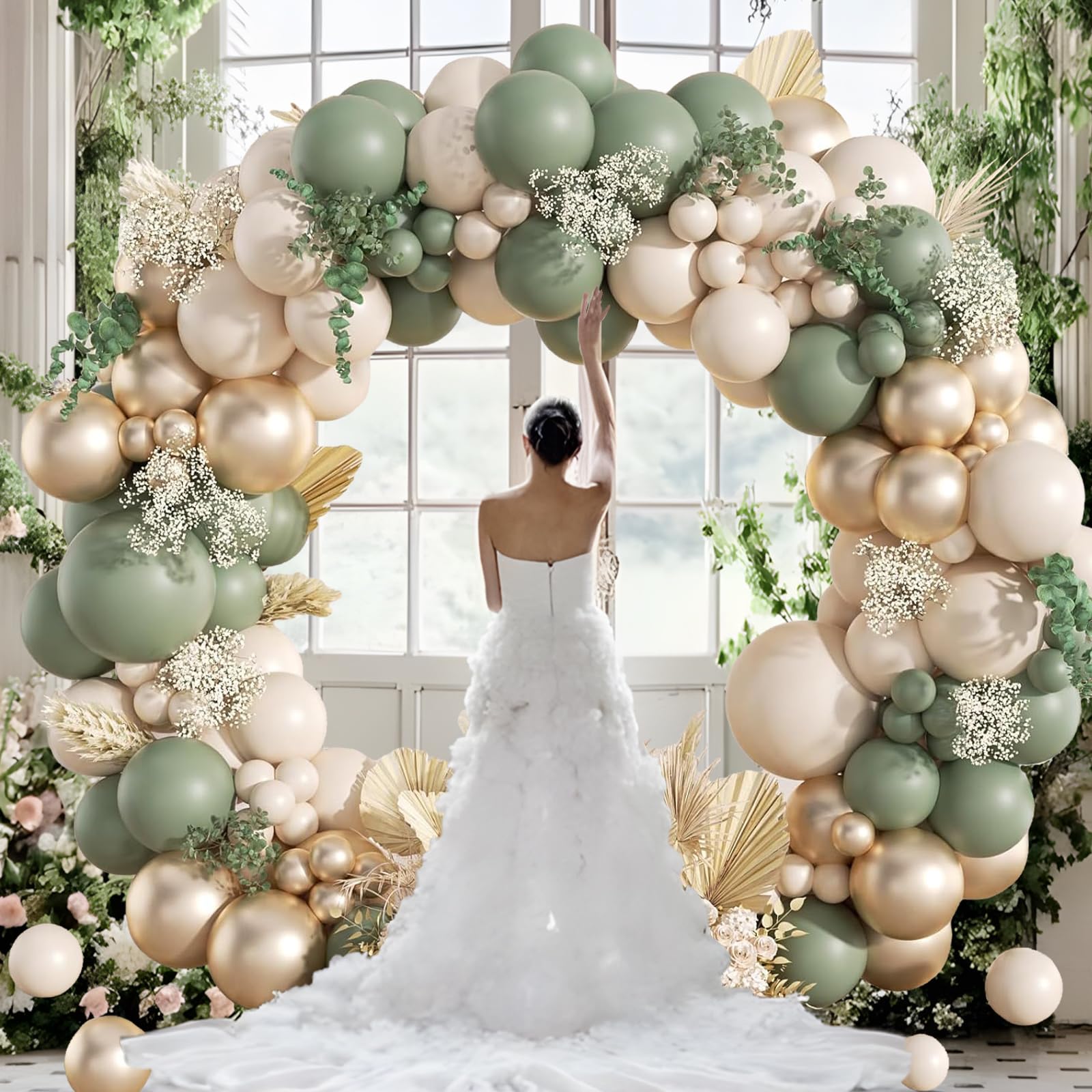 Kit Arco Palloncini Verde Salvia, 108pcs Palloncini Compleanno Verdi Con Verde Avocado, Oro Champagne e Sabbia Bianco Palloncini Per Compleanno, Baby Shower, Battesimo Bambino, Addobbi Matrimonio
