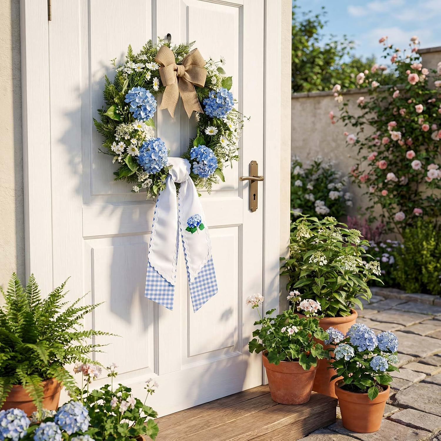 Yinder 2 Pcs Layered Wreath Sash for Front Door, Spring Hydrangea Floral Garland Ribbon for Holiday Wedding Party, RIC Rac Trim White and Blue Gingham Wreath Sash, Home Decor Indoor Outdoor