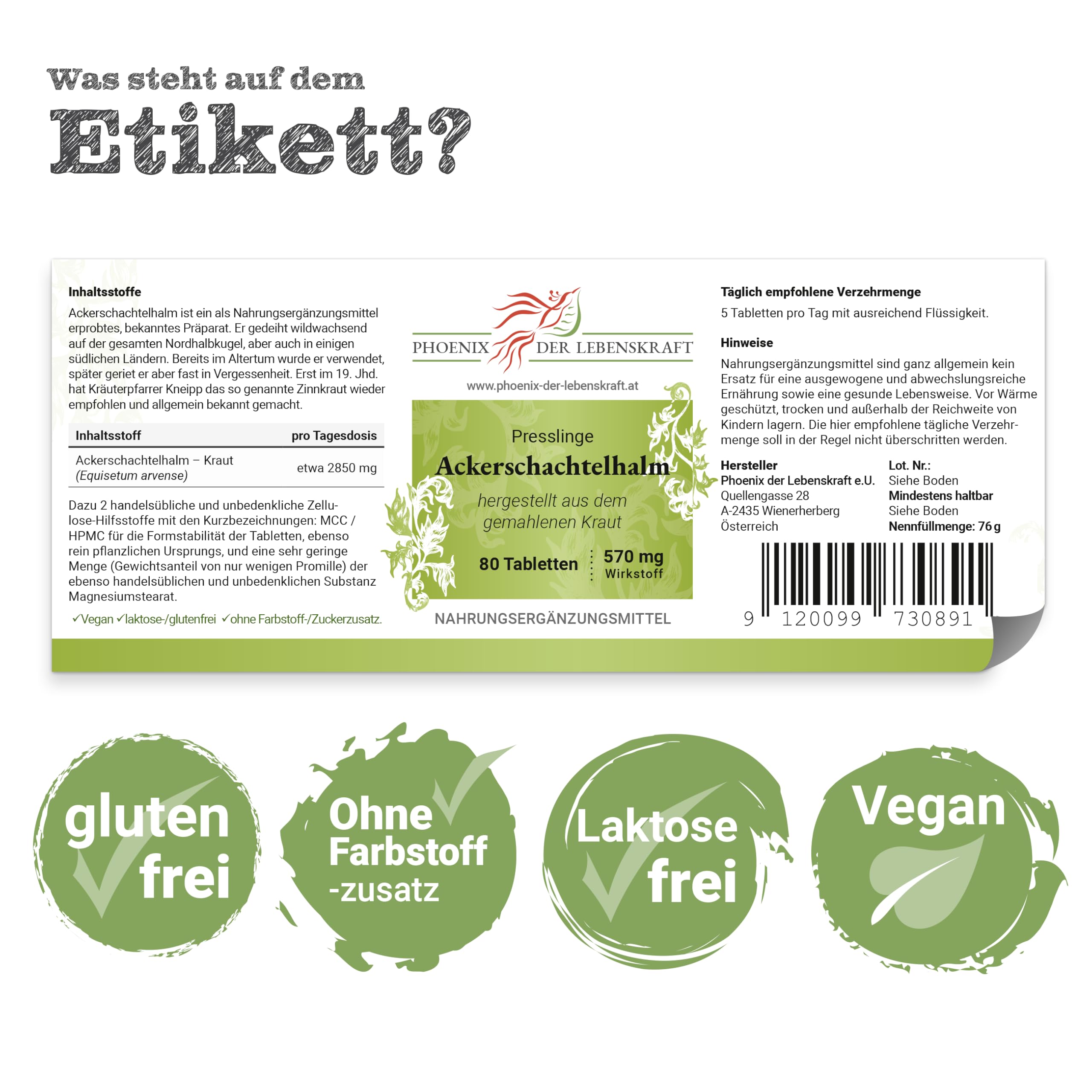 Ackerschachtelhalm Tabletten 570mg | 80 Tabletten Equisetum arvense | Top Premium Qualität aus Österreich | Vegane Tabletten statt Kapseln ohne Zusatzstoffe | Zinnkraut, Schaftheu, Katzenwedel