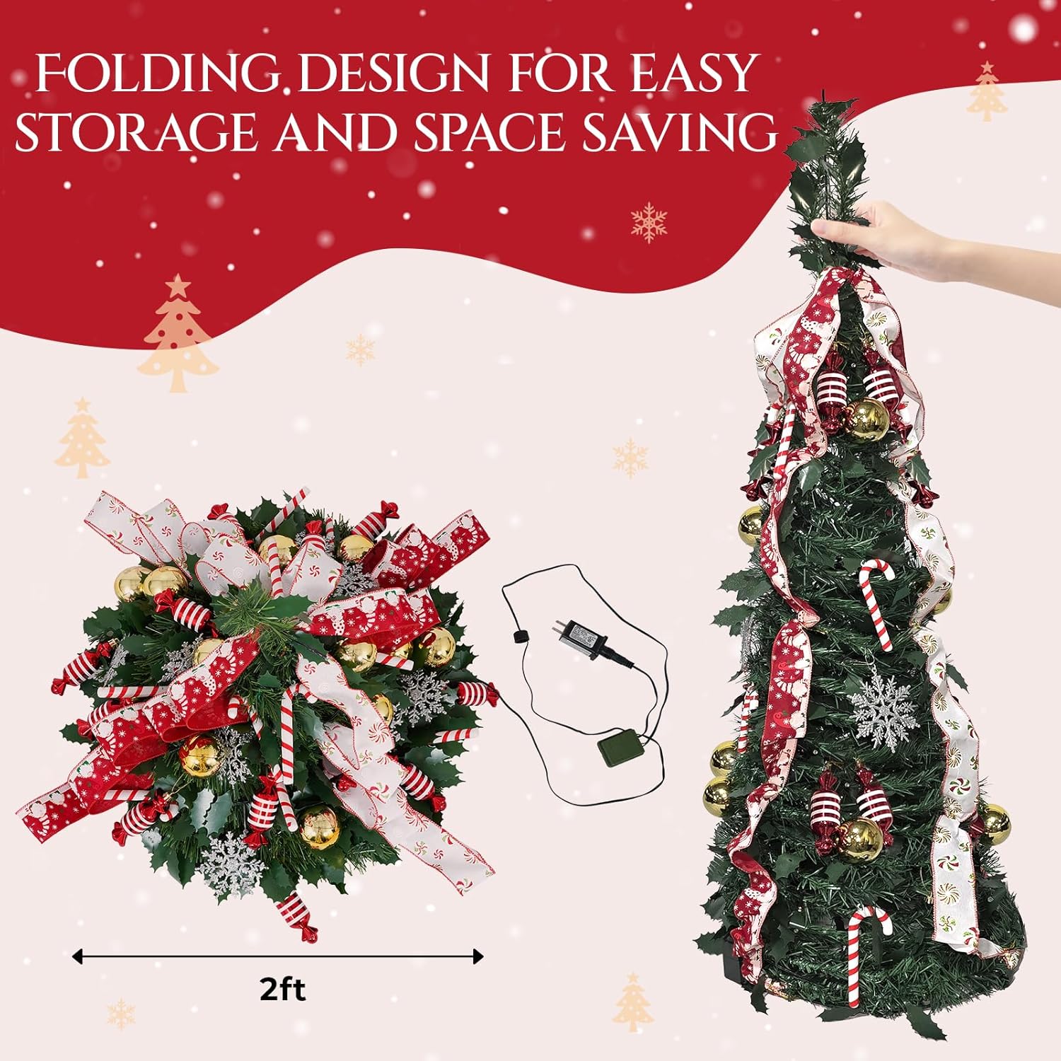 TLSUNNY 6FT Pop Up Christmas Tree, Pre Lit Decorated W/150 Warm White & Colored Lights, Collapsible Artificial Christmas Tree w/Remote, Brightness Adjustment, Timing, 11 Models, Xmas Holiday Decor