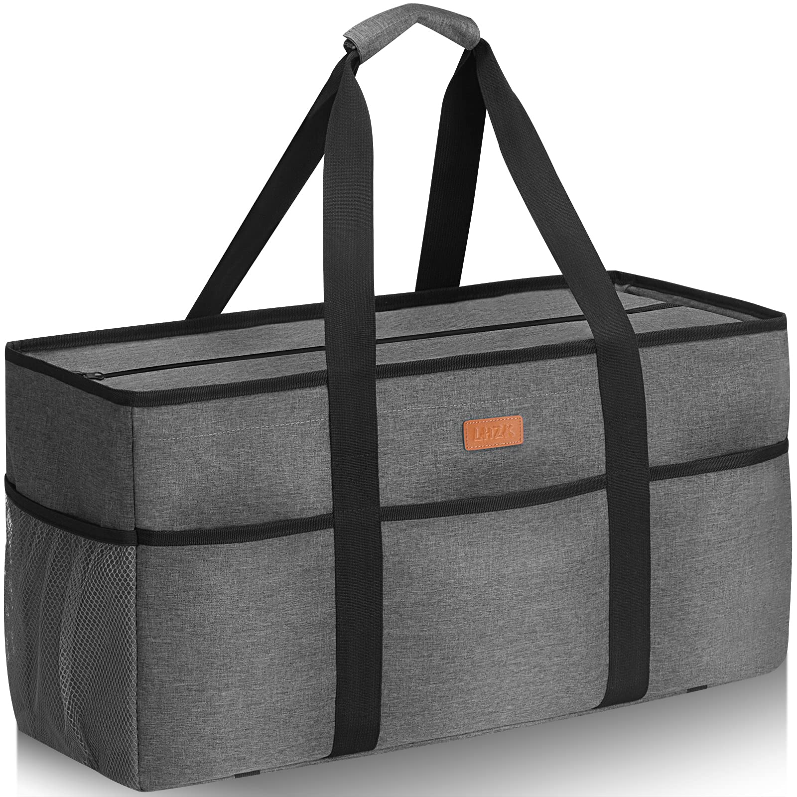 LHZK Stand Up Extra Large Utility Tote Bag with Lid, Utility Tote Bag with Metal Wire Frame and the Sides Rinforced, Reusable Grocery Bags Foldable, Beach Bag, Car Tote (Gray)