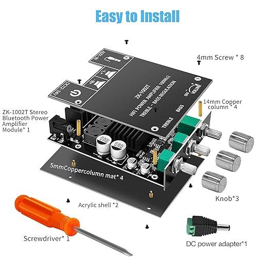 Miniatura 5 de ZK-1002T 100W+100W Bluetooth Amplifier Board with Treble and Bass Control, 2.0 Channel Stereo Audio Mini Power Amplifier Board, TPA3116D2 Chip DC