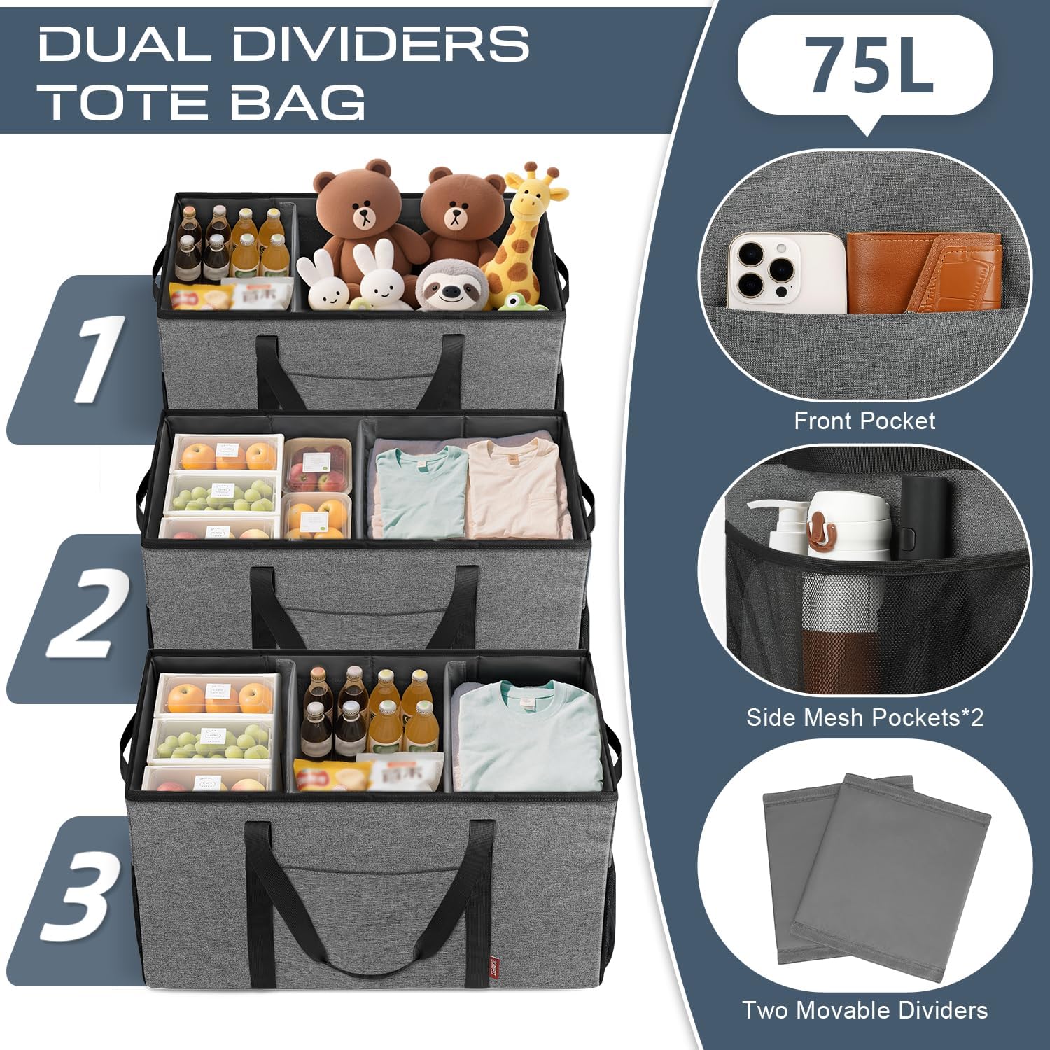 ZOMFELT 75L Standing Extra Large Utility Tote Bag with Removable Dividers & 4-sided Reinforced, Reusable Grocery Shopping Bags Foldable, Car Beach Travel Tote Bag with Handle for Picnics Laundry - Image 3