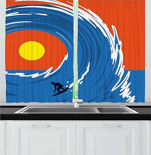 Ambesonne Ride The Wave - Cortinas de cocina con estampado retro de olas oceánicas gigantes, juego de 2 paneles para decoración de cocina y