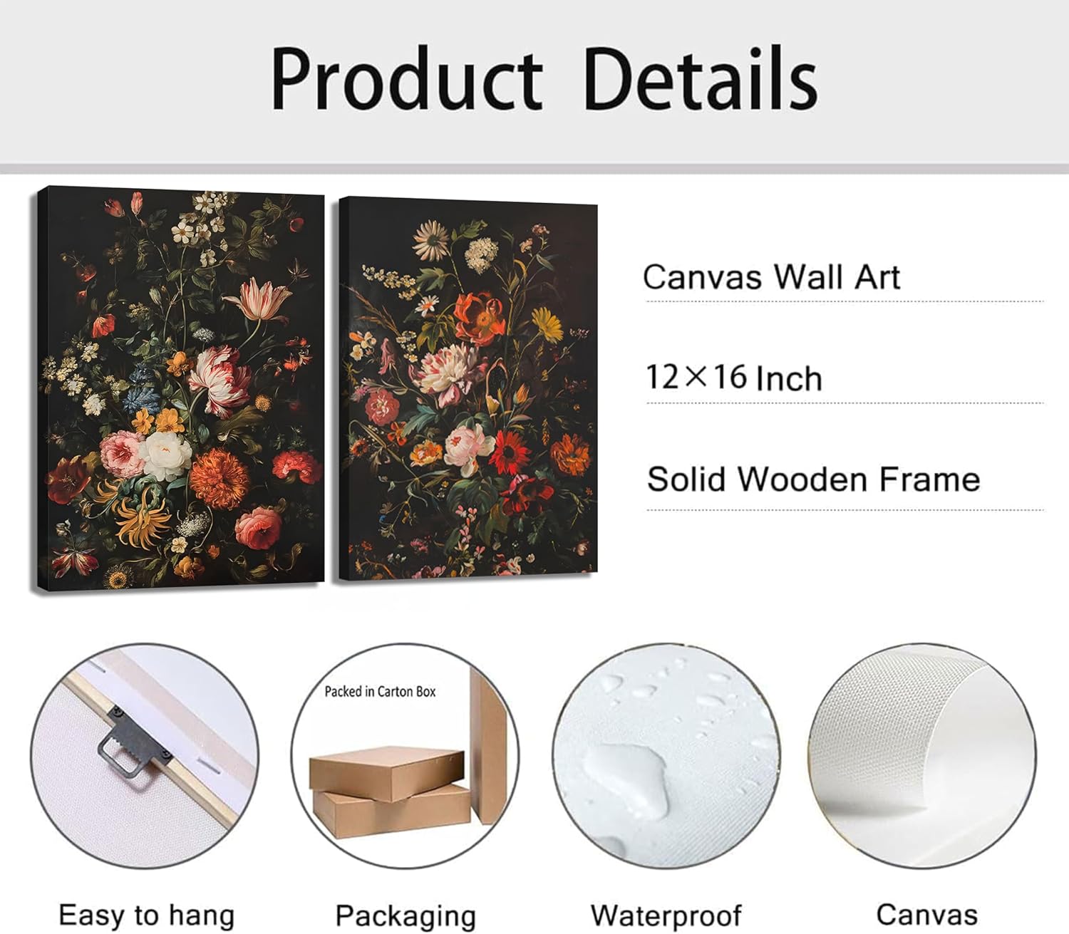 2Pcs Moody Flowers Canvas Wall Art Painting Dark Floral Poster Print Vintage Plant Picture Farmhouse Plant Wall Decor for Bedroom Living Room 12x24in Framed - Image 4