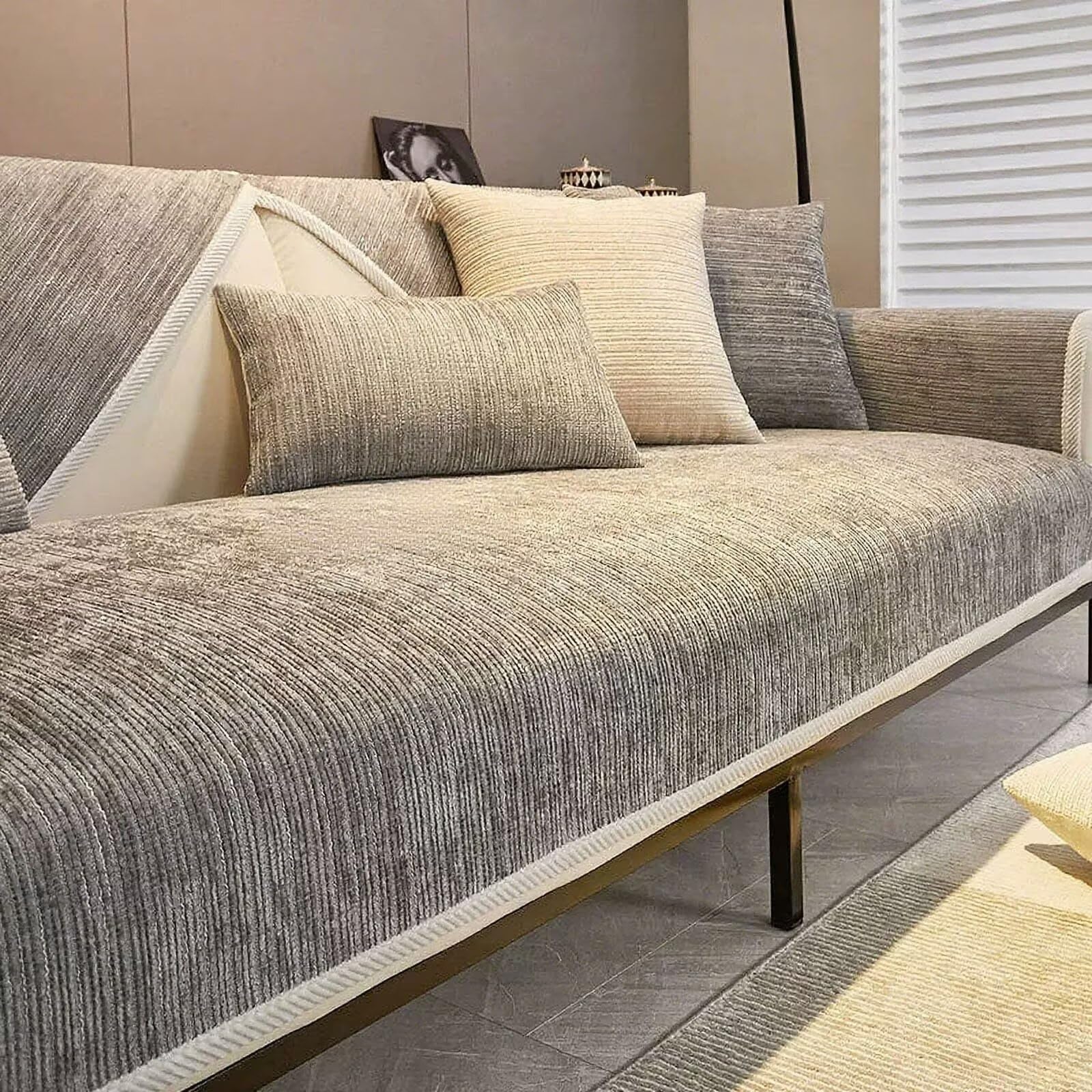 Edumov Soft Sofa Cover Universal Non-Slip Sofa Slipcovers, Chenille Fabric Couch Covers Washable Sofa Seat Cushion Covers Sofa Furniture Protectors for Dogs Pets Cats, Light Grey,90x180cm