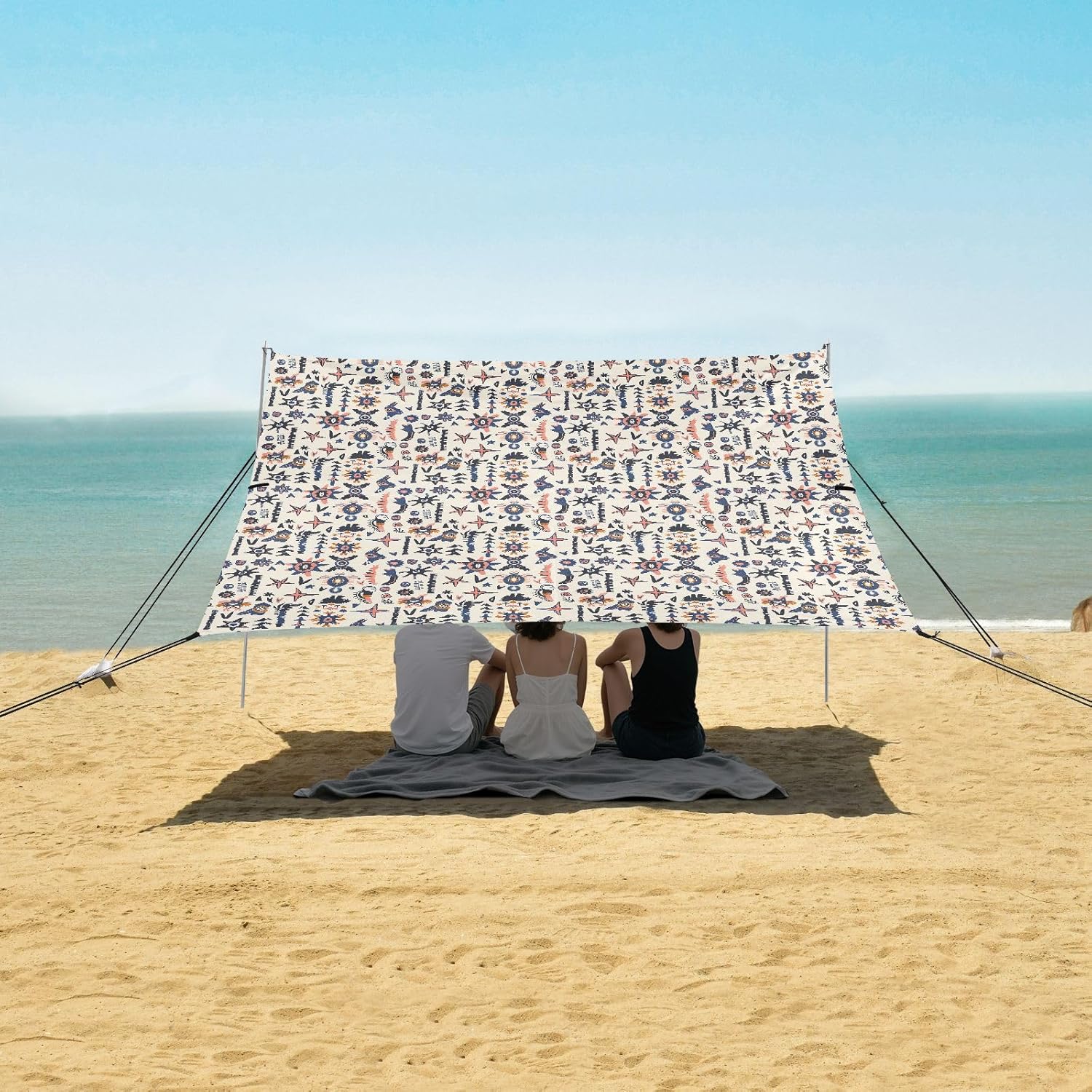 ALAZA Retro Boho Bohemian Beach Tent Sun Shelter UPF50+ Protection Beach Shade Canopy w/ 4 Sandbags for Outdoor Camping, Fishing, Backyard Fun, Picnic, 10x9 ft