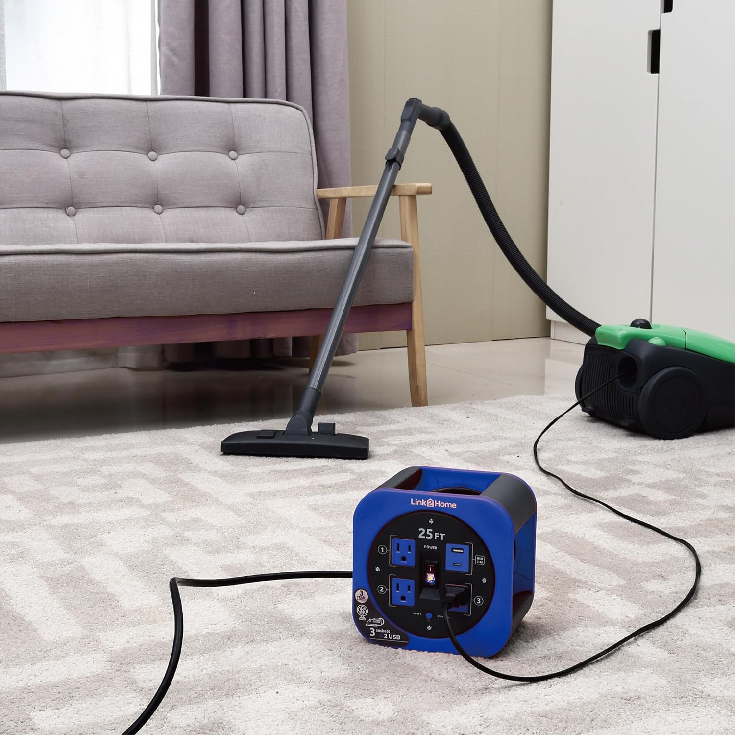 Link2Home 25 ft Retractable Extension Cord Reel – 16 AWG SJT Cable, 3 Grounded Outlets, 2 USB A/C Ports (2.4A Fast Charge), Built-In Circuit Breaker, Compact & Tangle-Free Power Reel, Blue