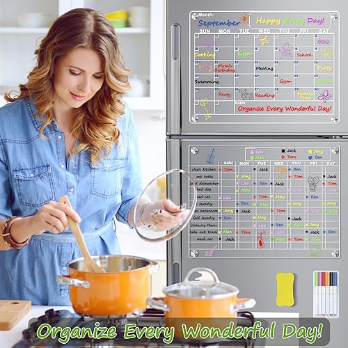 Miniatura 2 de Calendario magnético acrílico para refrigerador, 2 piezas de tabla magnética de tareas de borrado en seco y paquete de calendario mensual para
