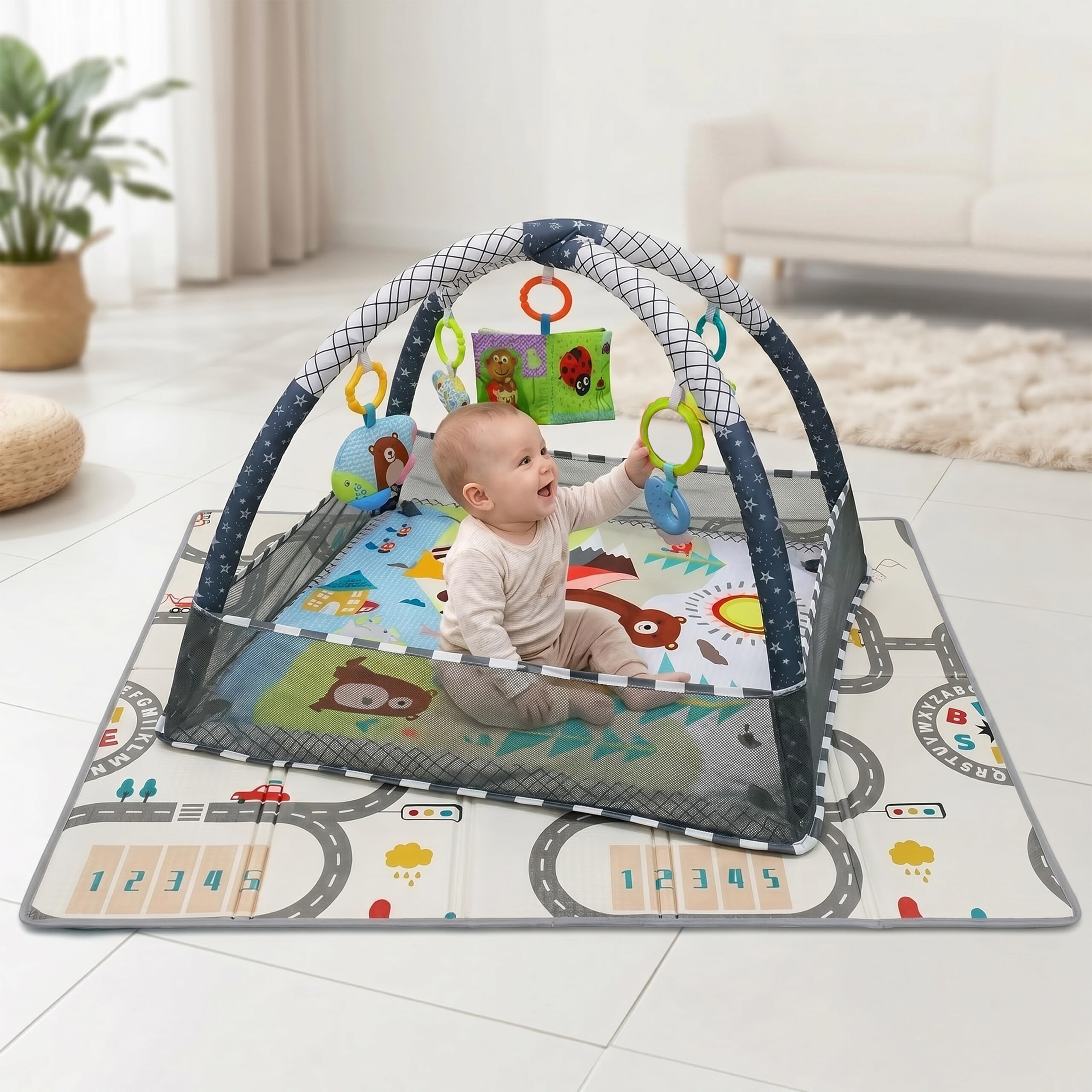 Relaxdays Arco gioco pieghevole con giocattoli, tappetino multicolore